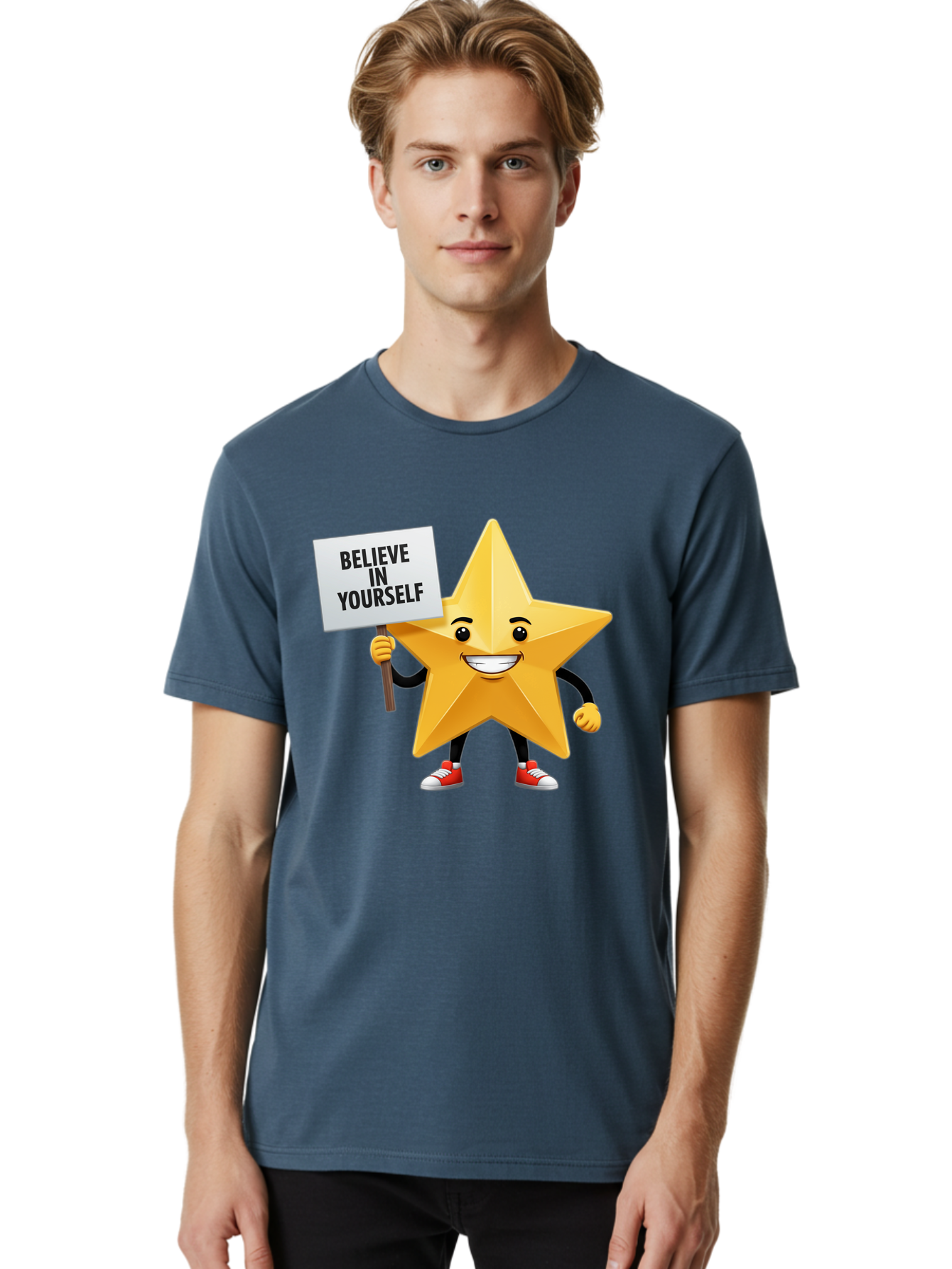 Believe-In-Yourself-6 Men'S Graphic Tee, 100% Cotton, Comfortable Casual Summer Wear, Machine Washable, Motivational Star, Inspirational Quote, Positive Message, Self-Confidence Booster, Cartoon Character, Yellow Star, Red Sneakers, Bae132 17