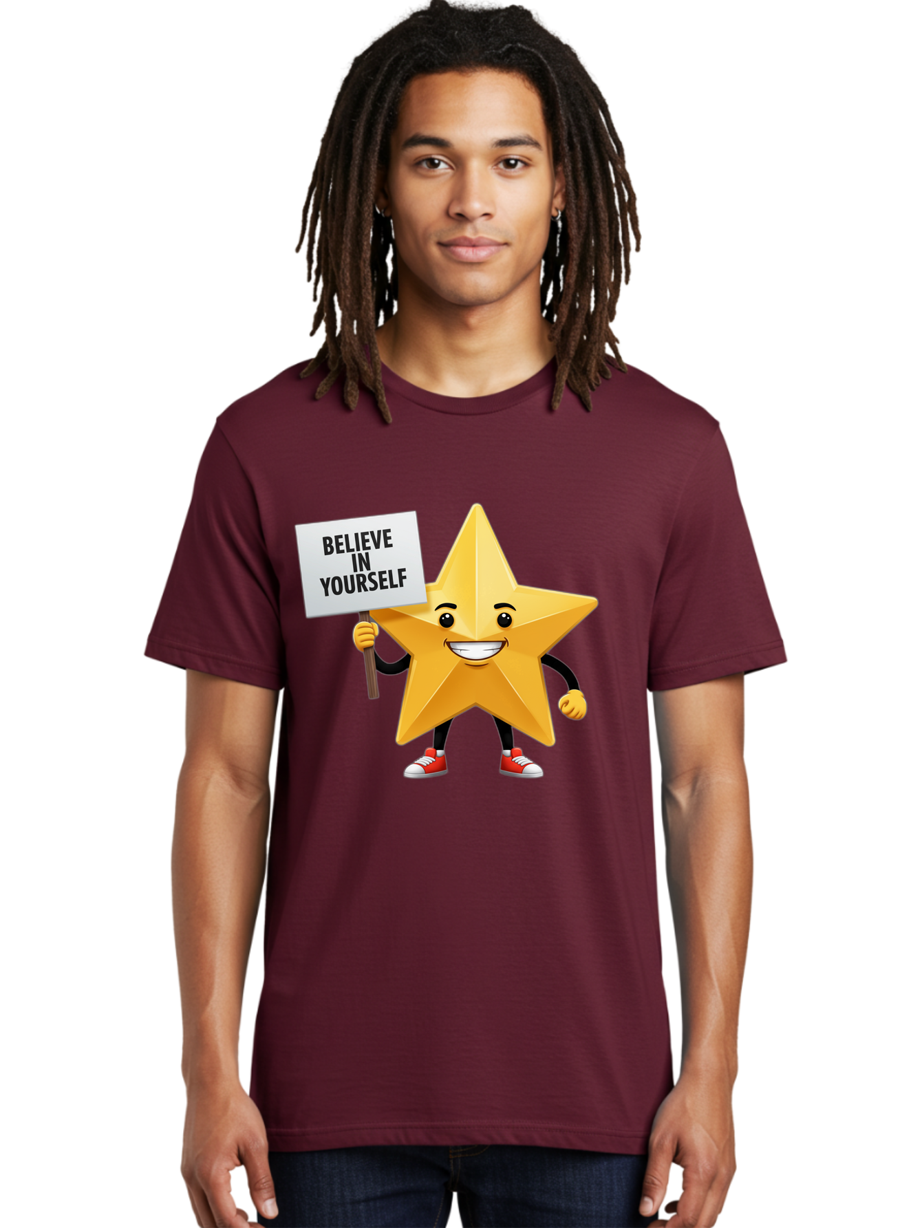 Believe-In-Yourself-6 Men'S Graphic Tee, 100% Cotton, Comfortable Casual Summer Wear, Machine Washable, Motivational Star, Inspirational Quote, Positive Message, Self-Confidence Booster, Cartoon Character, Yellow Star, Red Sneakers, Bae132 18