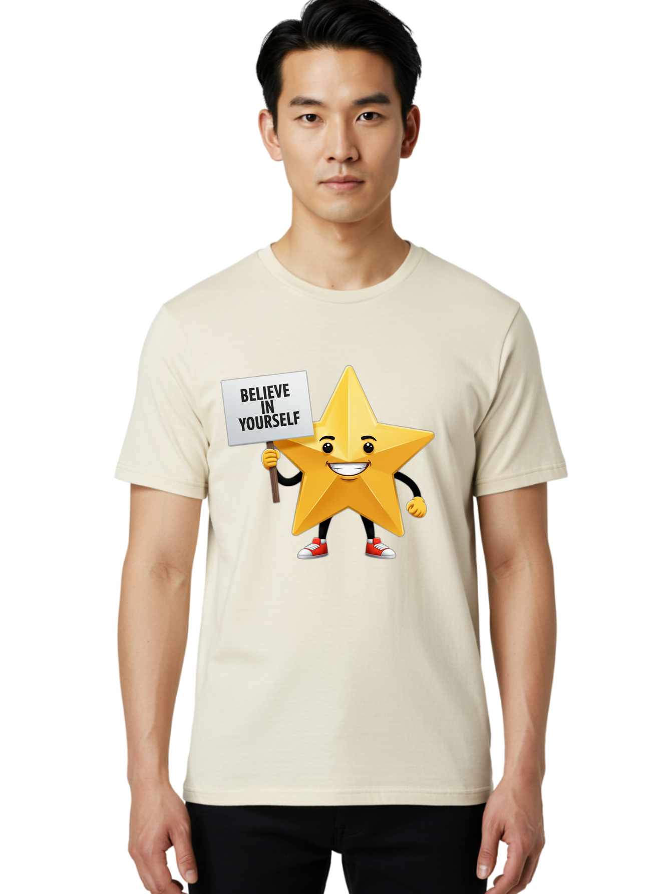Believe-In-Yourself-6 Men'S Graphic Tee, 100% Cotton, Comfortable Casual Summer Wear, Machine Washable, Motivational Star, Inspirational Quote, Positive Message, Self-Confidence Booster, Cartoon Character, Yellow Star, Red Sneakers, Bae132 28