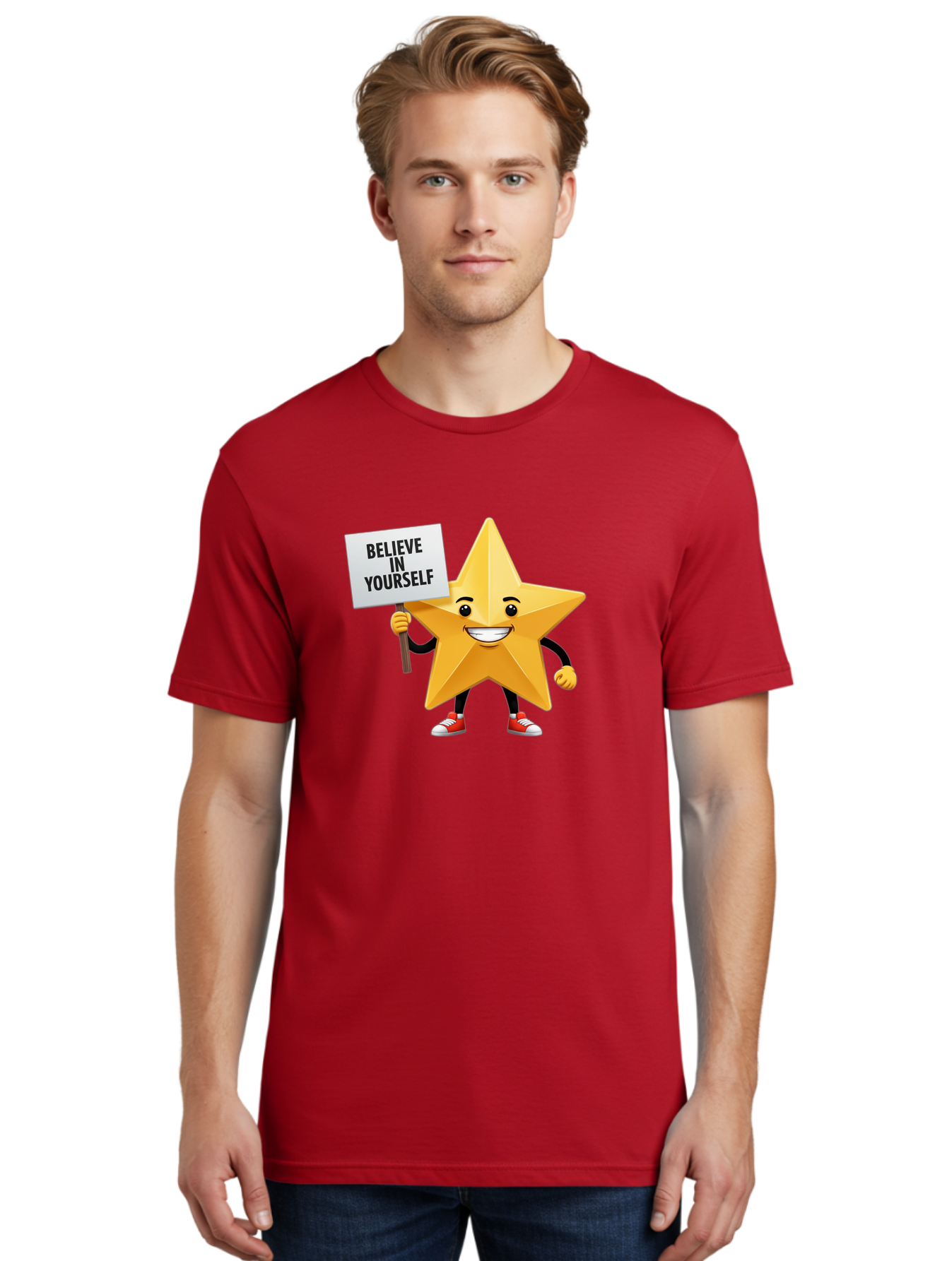 Believe-In-Yourself-6 Men'S Graphic Tee, 100% Cotton, Comfortable Casual Summer Wear, Machine Washable, Motivational Star, Inspirational Quote, Positive Message, Self-Confidence Booster, Cartoon Character, Yellow Star, Red Sneakers, Bae132 23