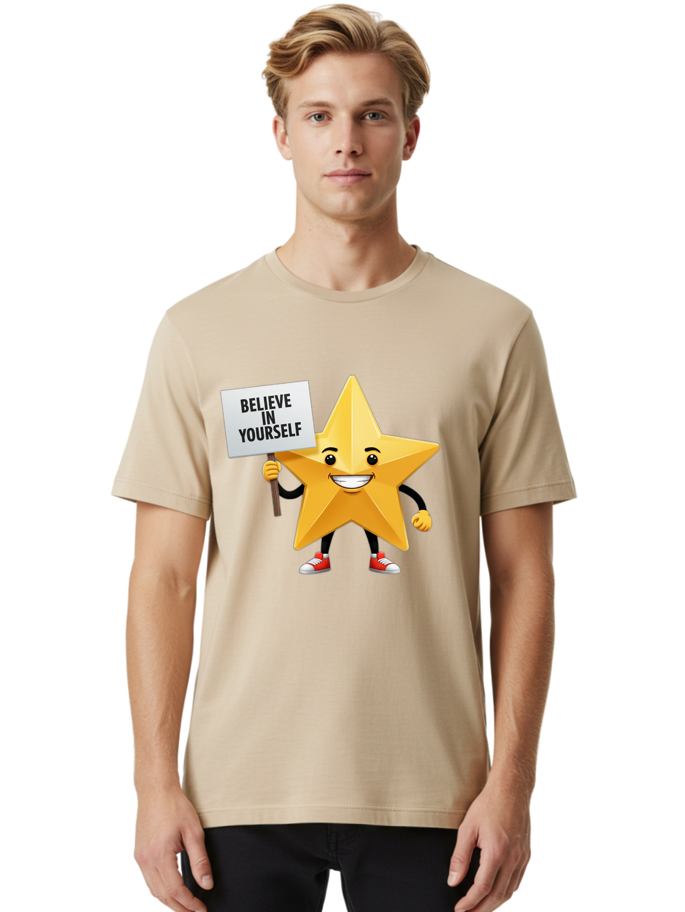 Believe-In-Yourself-6 Men'S Graphic Tee, 100% Cotton, Comfortable Casual Summer Wear, Machine Washable, Motivational Star, Inspirational Quote, Positive Message, Self-Confidence Booster, Cartoon Character, Yellow Star, Red Sneakers, Bae132 29