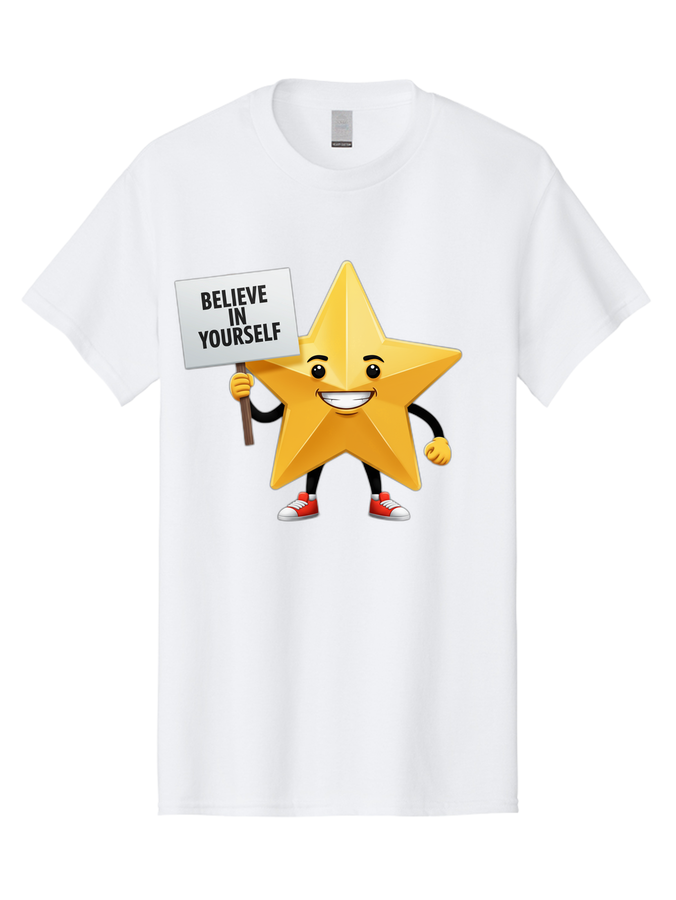 Believe-In-Yourself-6 Men'S Graphic Tee, 100% Cotton, Comfortable Casual Summer Wear, Machine Washable, Motivational Star, Inspirational Quote, Positive Message, Self-Confidence Booster, Cartoon Character, Yellow Star, Red Sneakers, Bae132 9