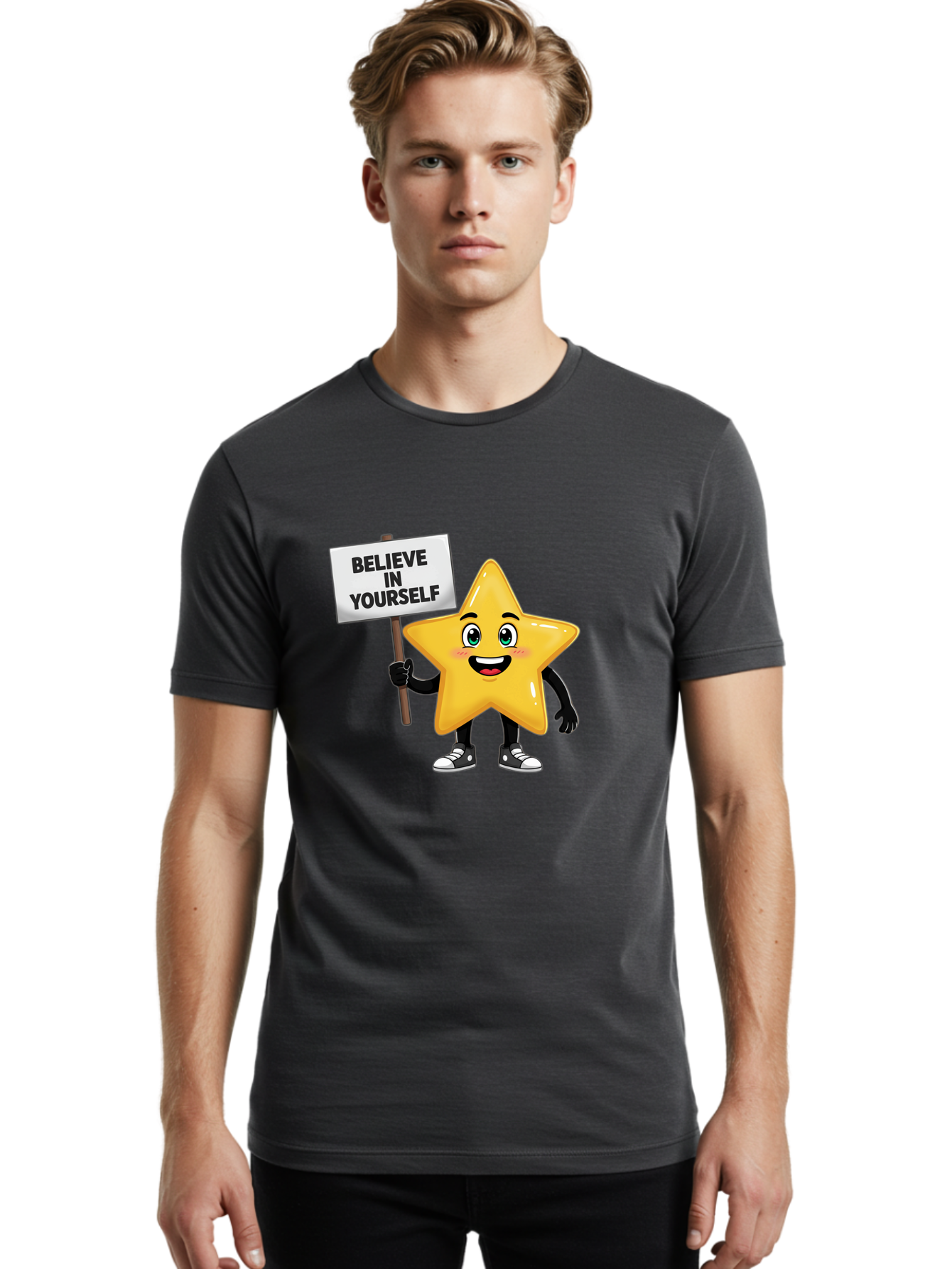 Believe-In-Yourself-7 Men'S Graphic Tee, 100% Cotton, Comfortable Casual Summer Wear, Machine Washable, Motivational Star, Positive Affirmation, Believe In Yourself, Inspirational Quote, Cartoon Character, Yellow Star, Motivational Message, Bae133 24