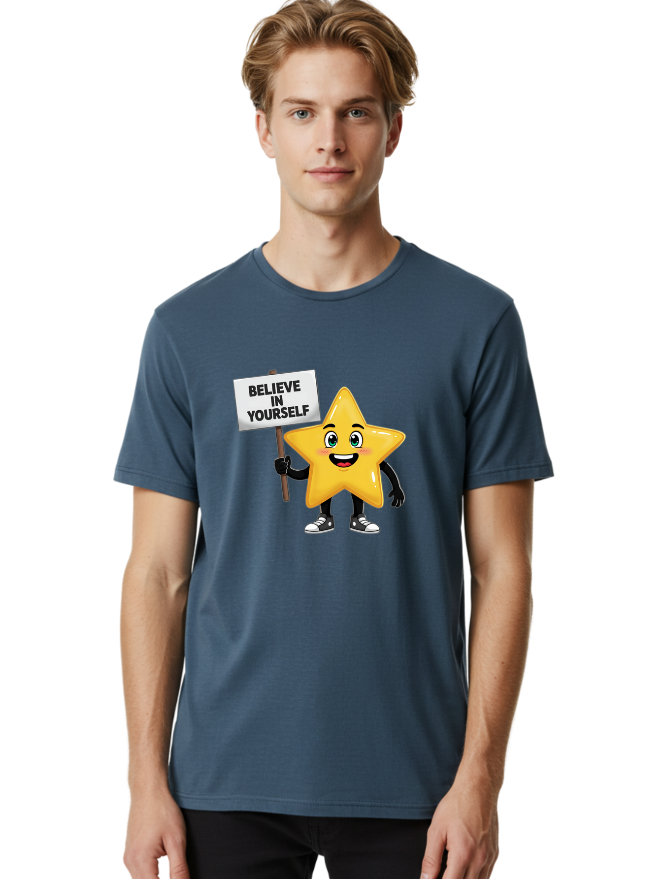 Believe-In-Yourself-7 Men'S Graphic Tee, 100% Cotton, Comfortable Casual Summer Wear, Machine Washable, Motivational Star, Positive Affirmation, Believe In Yourself, Inspirational Quote, Cartoon Character, Yellow Star, Motivational Message, Bae133 20