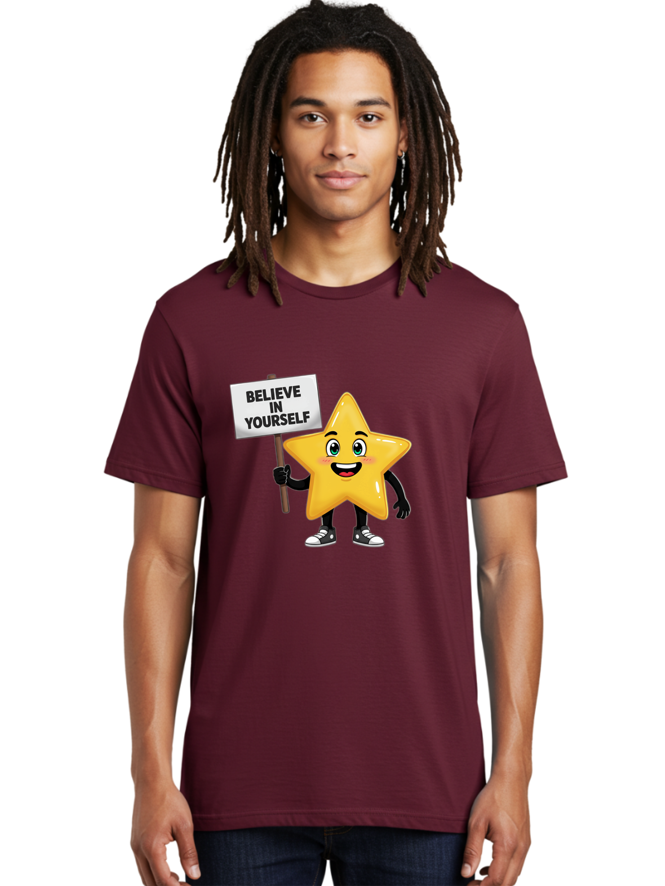 Believe-In-Yourself-7 Men'S Graphic Tee, 100% Cotton, Comfortable Casual Summer Wear, Machine Washable, Motivational Star, Positive Affirmation, Believe In Yourself, Inspirational Quote, Cartoon Character, Yellow Star, Motivational Message, Bae133 16