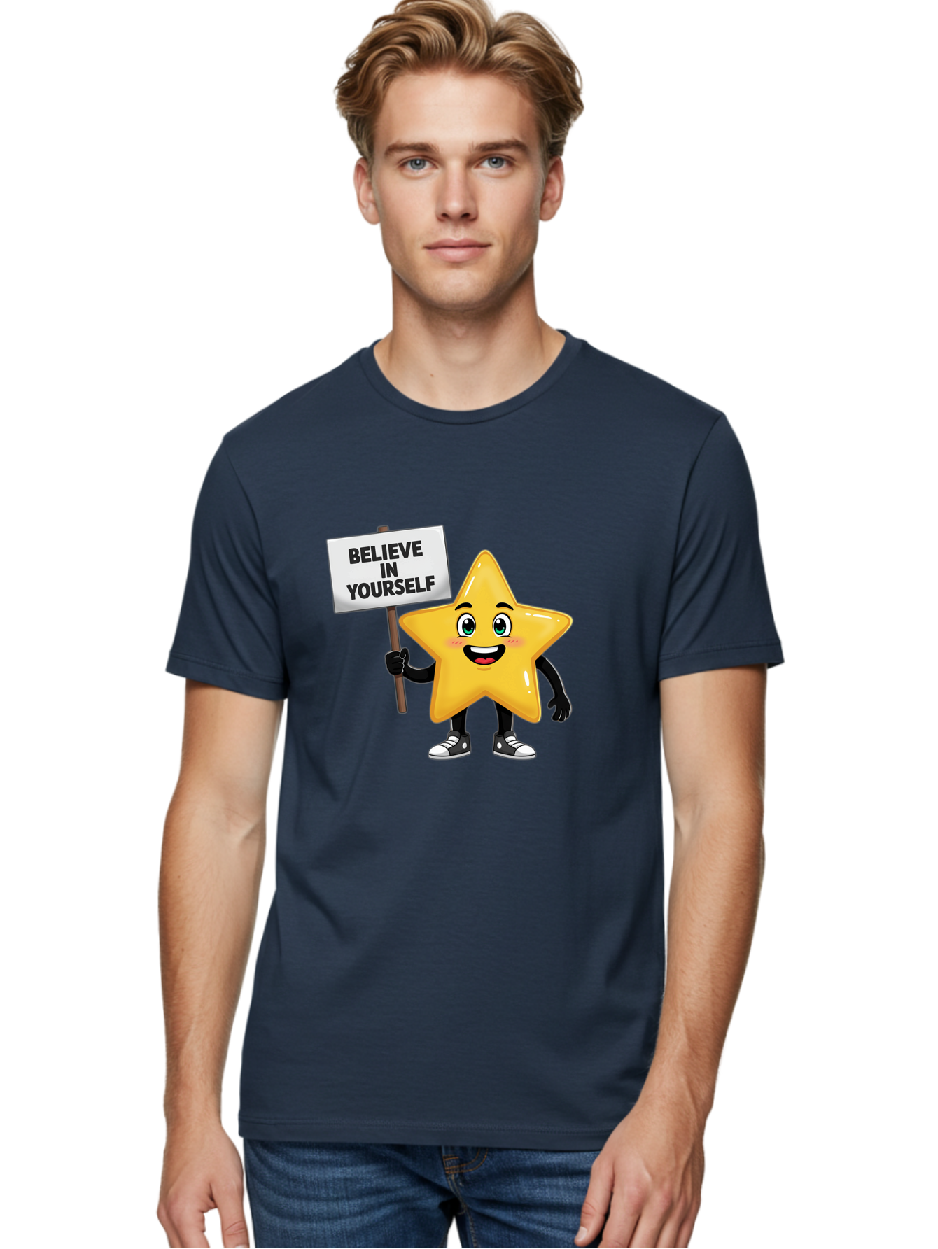 Believe-In-Yourself-7 Men'S Graphic Tee, 100% Cotton, Comfortable Casual Summer Wear, Machine Washable, Motivational Star, Positive Affirmation, Believe In Yourself, Inspirational Quote, Cartoon Character, Yellow Star, Motivational Message, Bae133 22