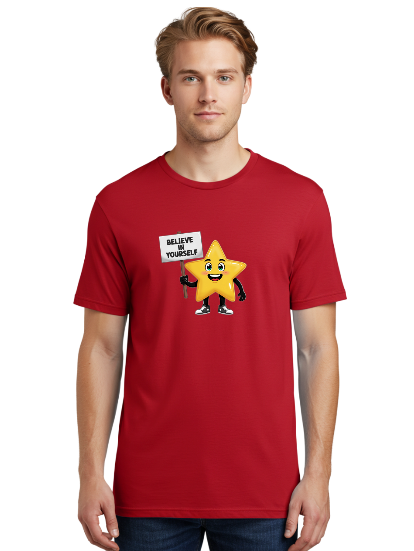 Believe-In-Yourself-7 Men'S Graphic Tee, 100% Cotton, Comfortable Casual Summer Wear, Machine Washable, Motivational Star, Positive Affirmation, Believe In Yourself, Inspirational Quote, Cartoon Character, Yellow Star, Motivational Message, Bae133 26