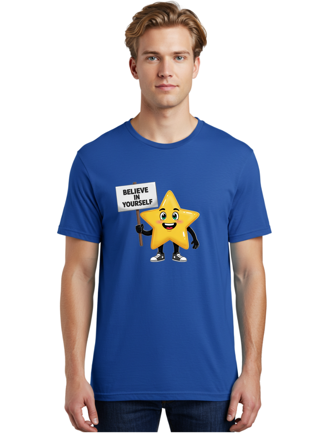 Believe-In-Yourself-7 Men'S Graphic Tee, 100% Cotton, Comfortable Casual Summer Wear, Machine Washable, Motivational Star, Positive Affirmation, Believe In Yourself, Inspirational Quote, Cartoon Character, Yellow Star, Motivational Message, Bae133 28