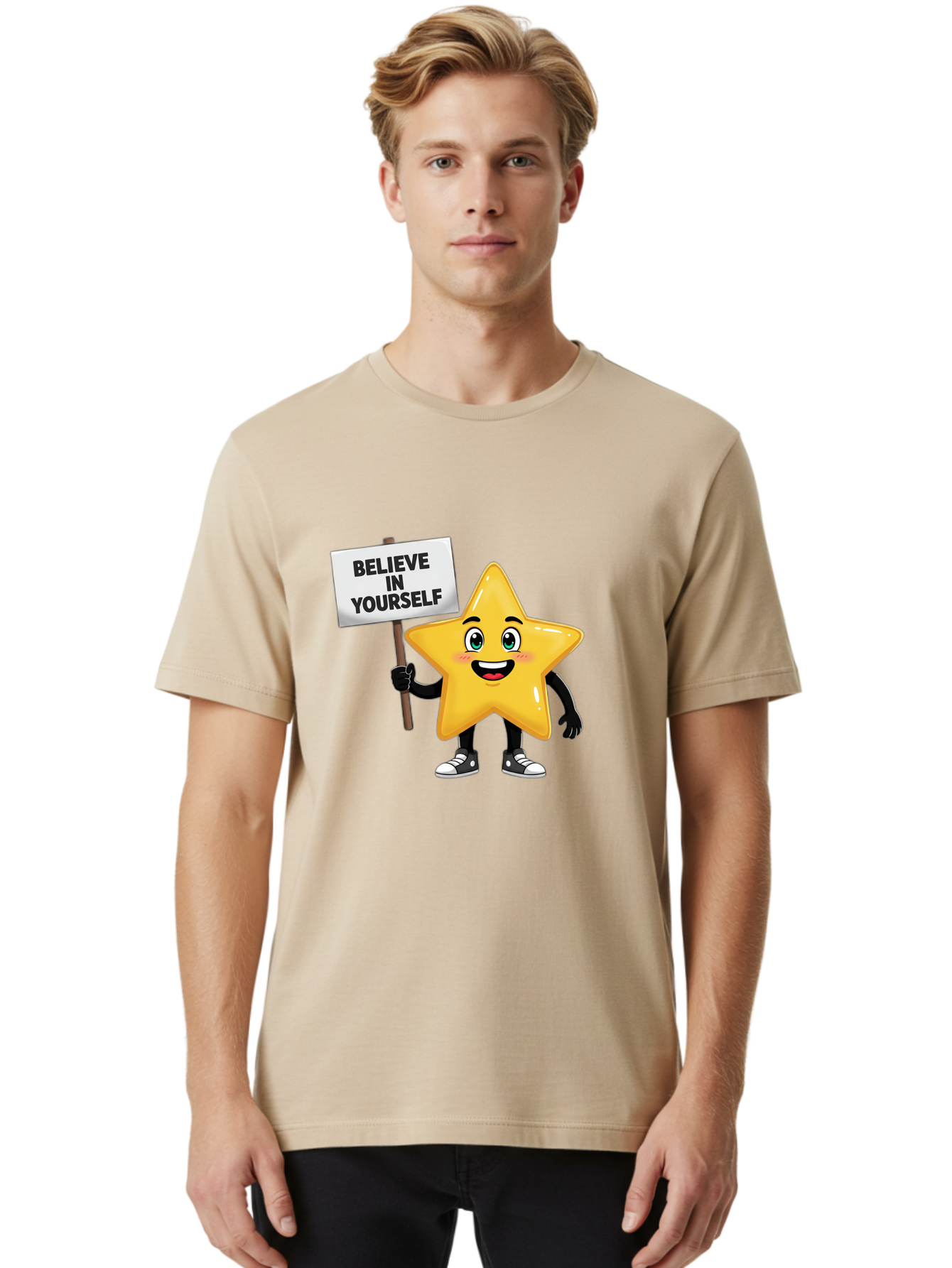 Believe-In-Yourself-7 Men'S Graphic Tee, 100% Cotton, Comfortable Casual Summer Wear, Machine Washable, Motivational Star, Positive Affirmation, Believe In Yourself, Inspirational Quote, Cartoon Character, Yellow Star, Motivational Message, Bae133 29