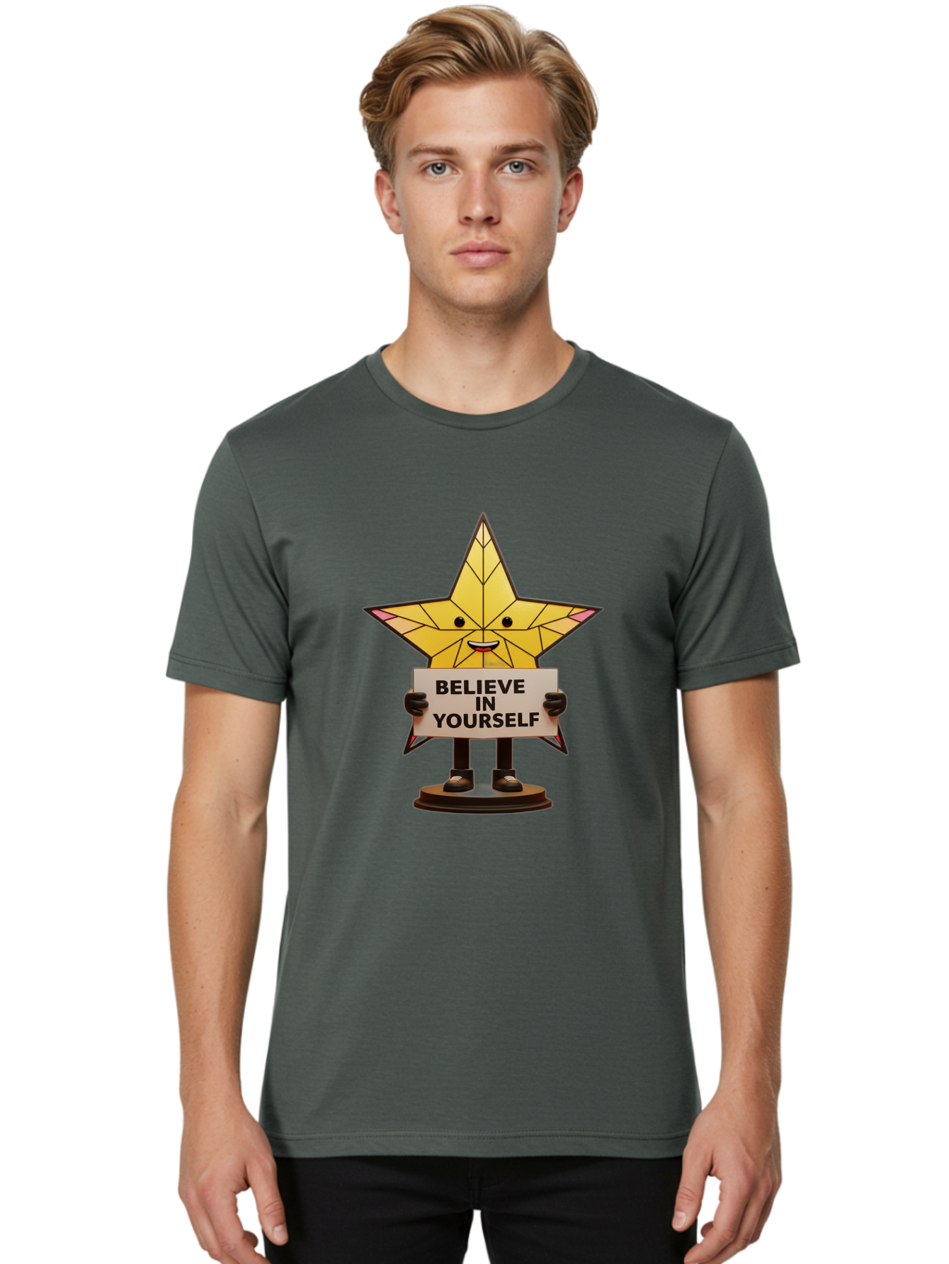 Believe-In-Yourself-8 Men'S Graphic Tee, 100% Cotton, Comfortable Casual Summer Wear, Machine Washable, Motivational Star, Inspirational Quote, Self-Belief, Positive Vibes, Cartoon Character, Yellow Star, Uplifting Message, Encouragement, Bae134 29