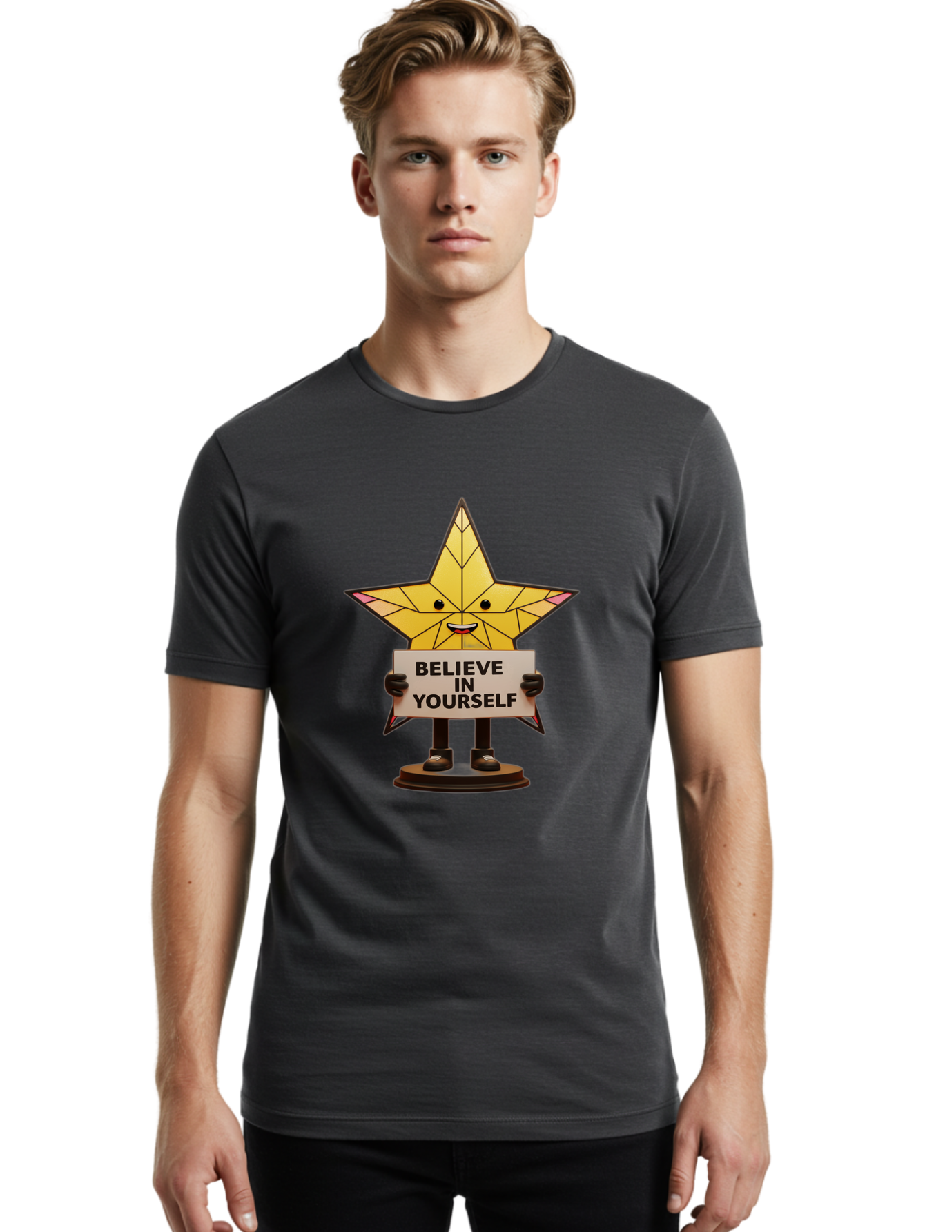 Believe-In-Yourself-8 Men'S Graphic Tee, 100% Cotton, Comfortable Casual Summer Wear, Machine Washable, Motivational Star, Inspirational Quote, Self-Belief, Positive Vibes, Cartoon Character, Yellow Star, Uplifting Message, Encouragement, Bae134 22