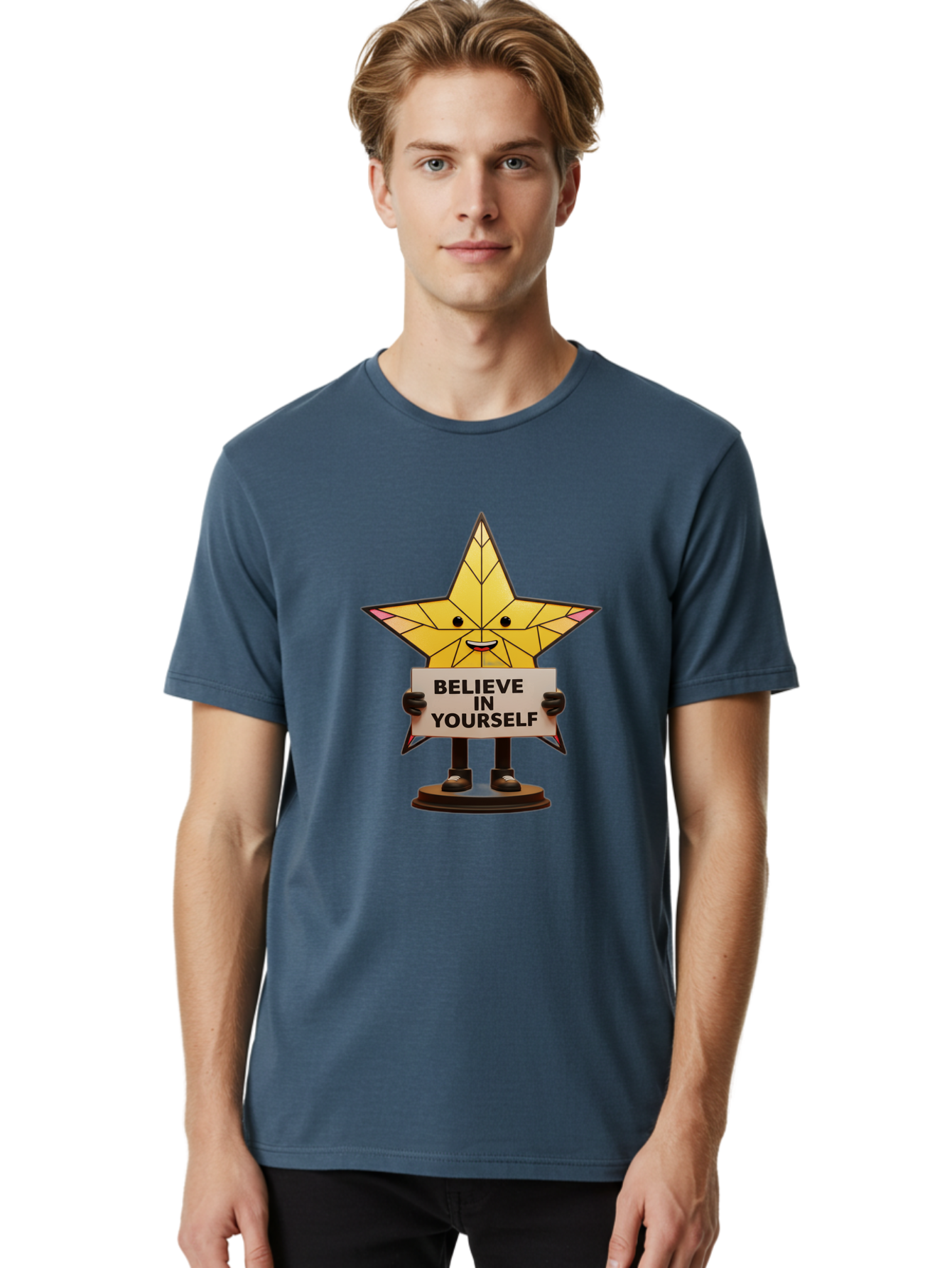 Believe-In-Yourself-8 Men'S Graphic Tee, 100% Cotton, Comfortable Casual Summer Wear, Machine Washable, Motivational Star, Inspirational Quote, Self-Belief, Positive Vibes, Cartoon Character, Yellow Star, Uplifting Message, Encouragement, Bae134 24