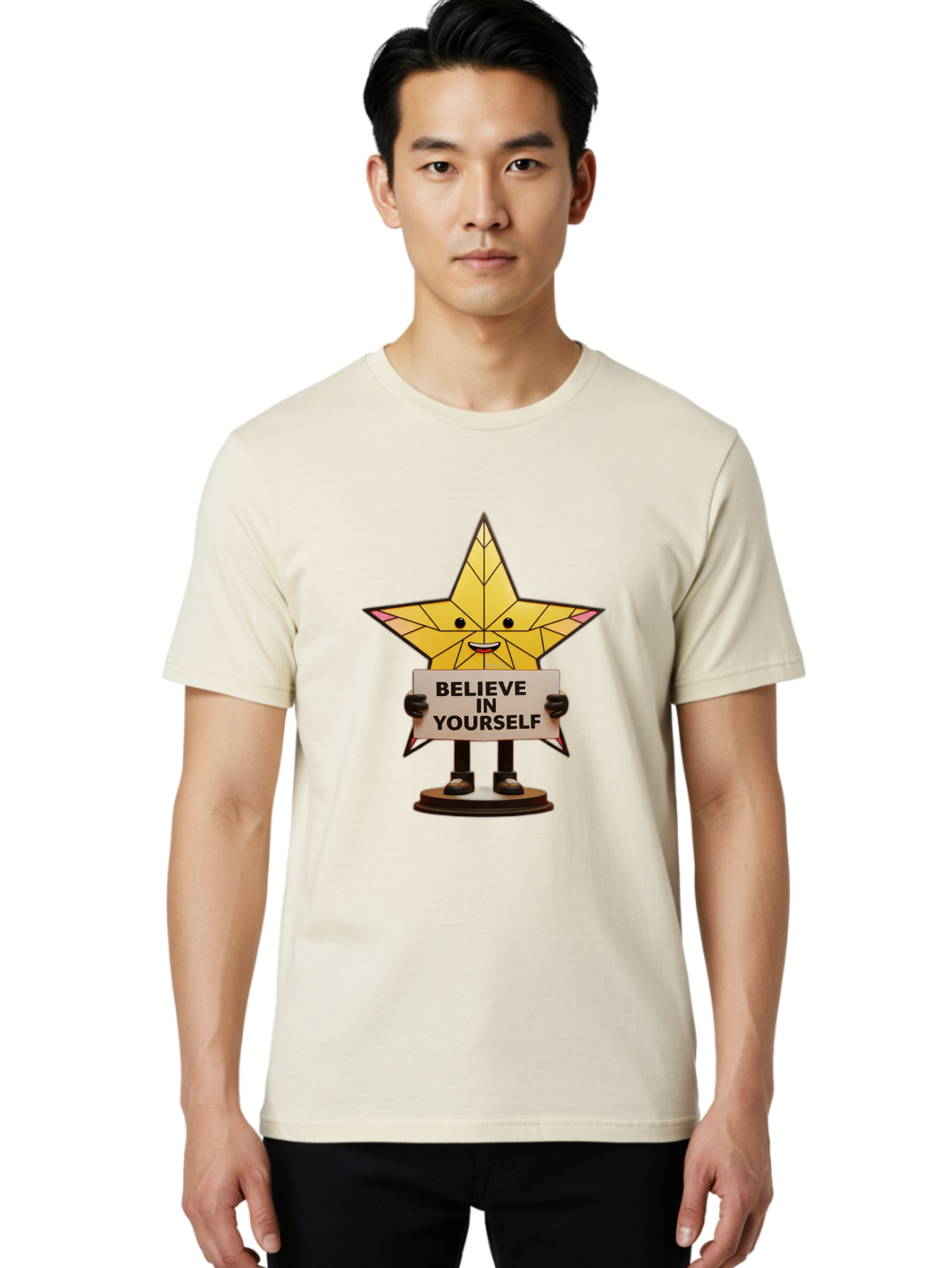 Believe-In-Yourself-8 Men'S Graphic Tee, 100% Cotton, Comfortable Casual Summer Wear, Machine Washable, Motivational Star, Inspirational Quote, Self-Belief, Positive Vibes, Cartoon Character, Yellow Star, Uplifting Message, Encouragement, Bae134 26