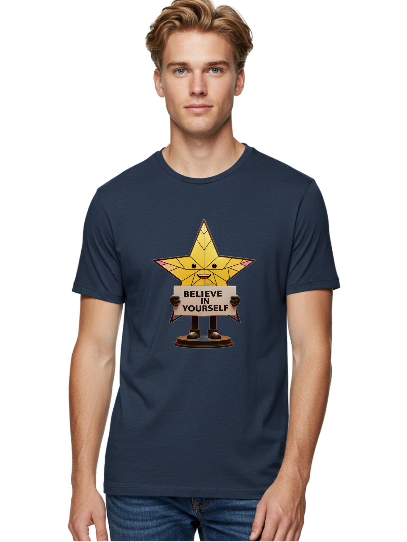 Believe-In-Yourself-8 Men'S Graphic Tee, 100% Cotton, Comfortable Casual Summer Wear, Machine Washable, Motivational Star, Inspirational Quote, Self-Belief, Positive Vibes, Cartoon Character, Yellow Star, Uplifting Message, Encouragement, Bae134 19