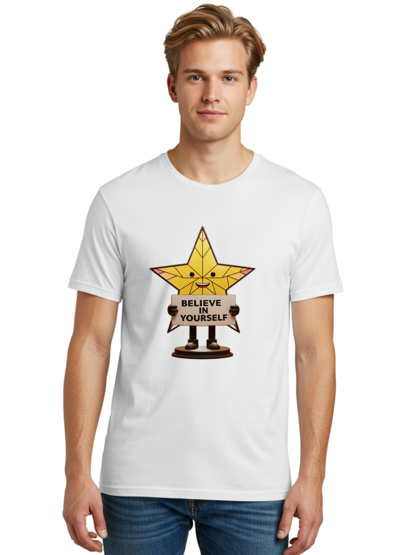Believe-In-Yourself-8 Men'S Graphic Tee, 100% Cotton, Comfortable Casual Summer Wear, Machine Washable, Motivational Star, Inspirational Quote, Self-Belief, Positive Vibes, Cartoon Character, Yellow Star, Uplifting Message, Encouragement, Bae134 21