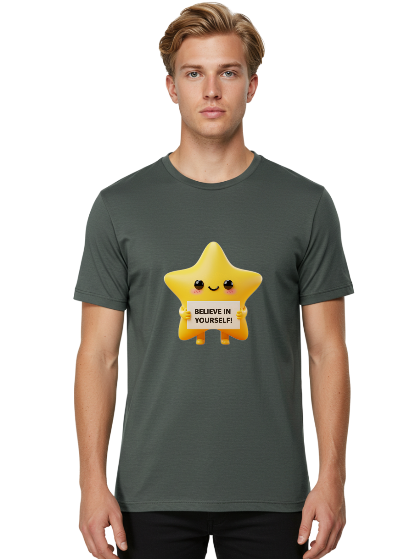 Believe-In-Yourself Men'S Graphic Tee, 100% Cotton, Comfortable Casual Summer Wear, Machine Washable, Cute Star Character, Positive Message, Motivational Quote, Believe In Yourself, Inspirational Graphic, Self-Confidence, Encouragement Bae136 27
