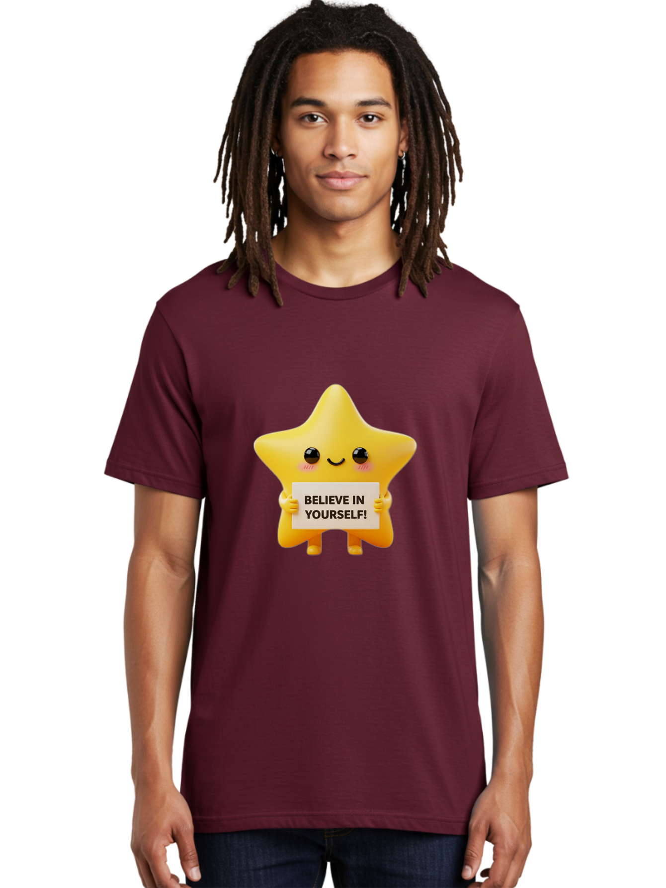 Believe-In-Yourself Men'S Graphic Tee, 100% Cotton, Comfortable Casual Summer Wear, Machine Washable, Cute Star Character, Positive Message, Motivational Quote, Believe In Yourself, Inspirational Graphic, Self-Confidence, Encouragement Bae136 23