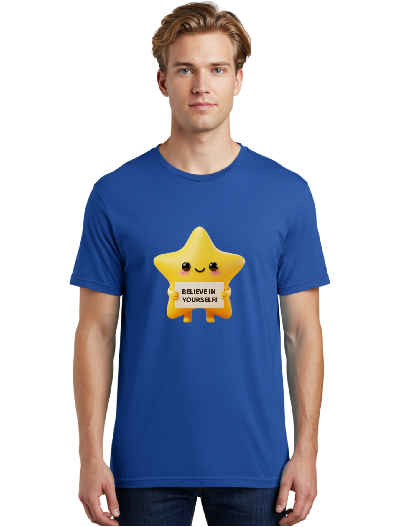 Believe-In-Yourself Men'S Graphic Tee, 100% Cotton, Comfortable Casual Summer Wear, Machine Washable, Cute Star Character, Positive Message, Motivational Quote, Believe In Yourself, Inspirational Graphic, Self-Confidence, Encouragement Bae136 24