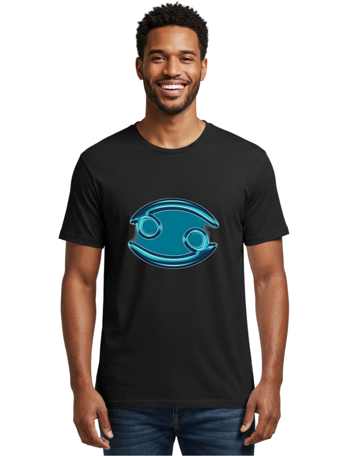 Blue-Pacman Men'S Graphic Tee, 100% Cotton, Comfortable Casual Summer Wear, Machine Washable, Blue Metallic Fish Logo, Stylized Fish Emblem, Abstract Fish Design, Chrome Effect, Modern Logo Style, Ocean Icon, Futuristic Symbol Bae138 20