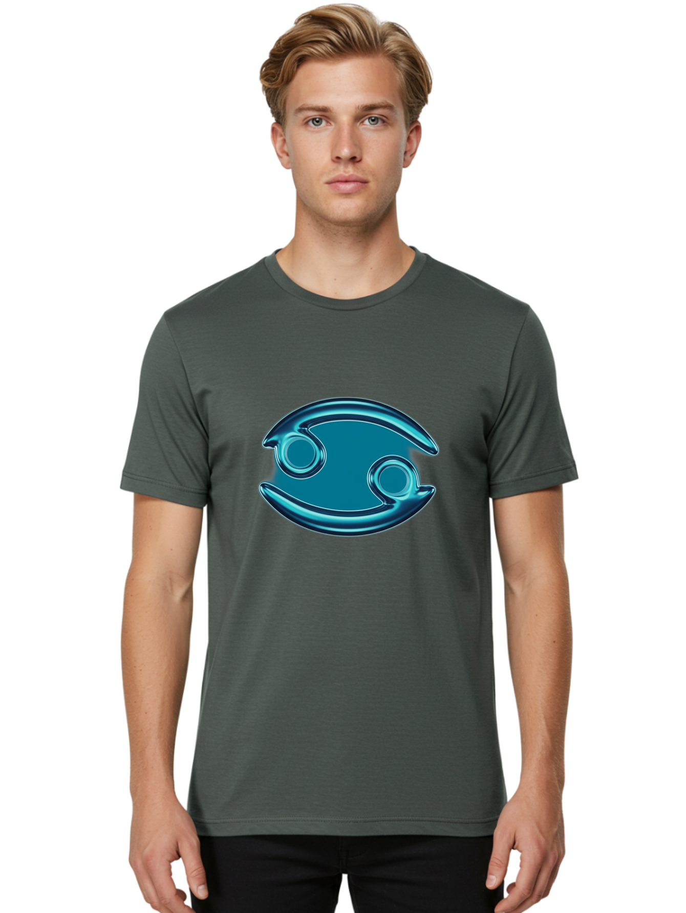Blue-Pacman Men'S Graphic Tee, 100% Cotton, Comfortable Casual Summer Wear, Machine Washable, Blue Metallic Fish Logo, Stylized Fish Emblem, Abstract Fish Design, Chrome Effect, Modern Logo Style, Ocean Icon, Futuristic Symbol Bae138 16