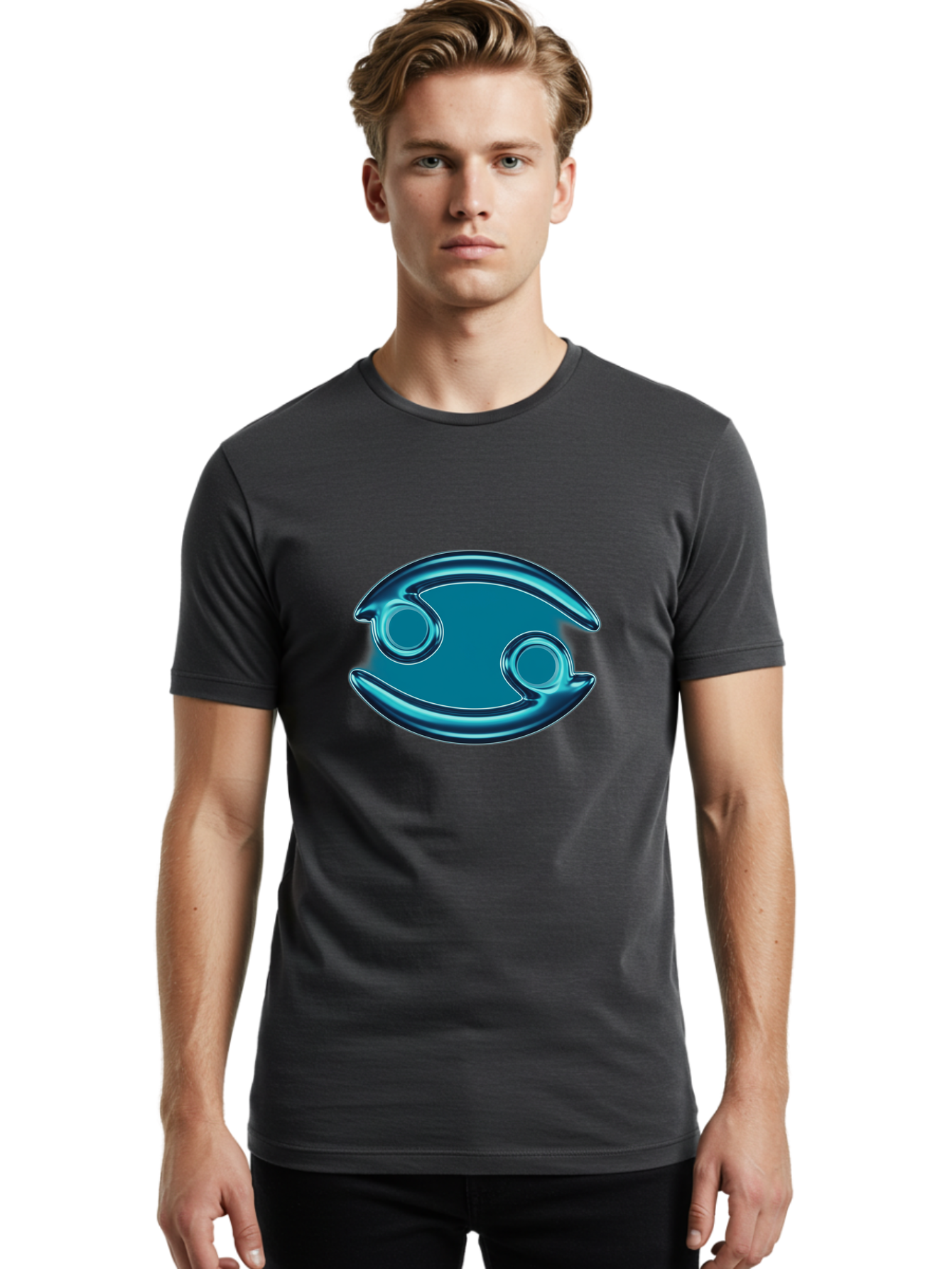 Blue-Pacman Men'S Graphic Tee, 100% Cotton, Comfortable Casual Summer Wear, Machine Washable, Blue Metallic Fish Logo, Stylized Fish Emblem, Abstract Fish Design, Chrome Effect, Modern Logo Style, Ocean Icon, Futuristic Symbol Bae138 30