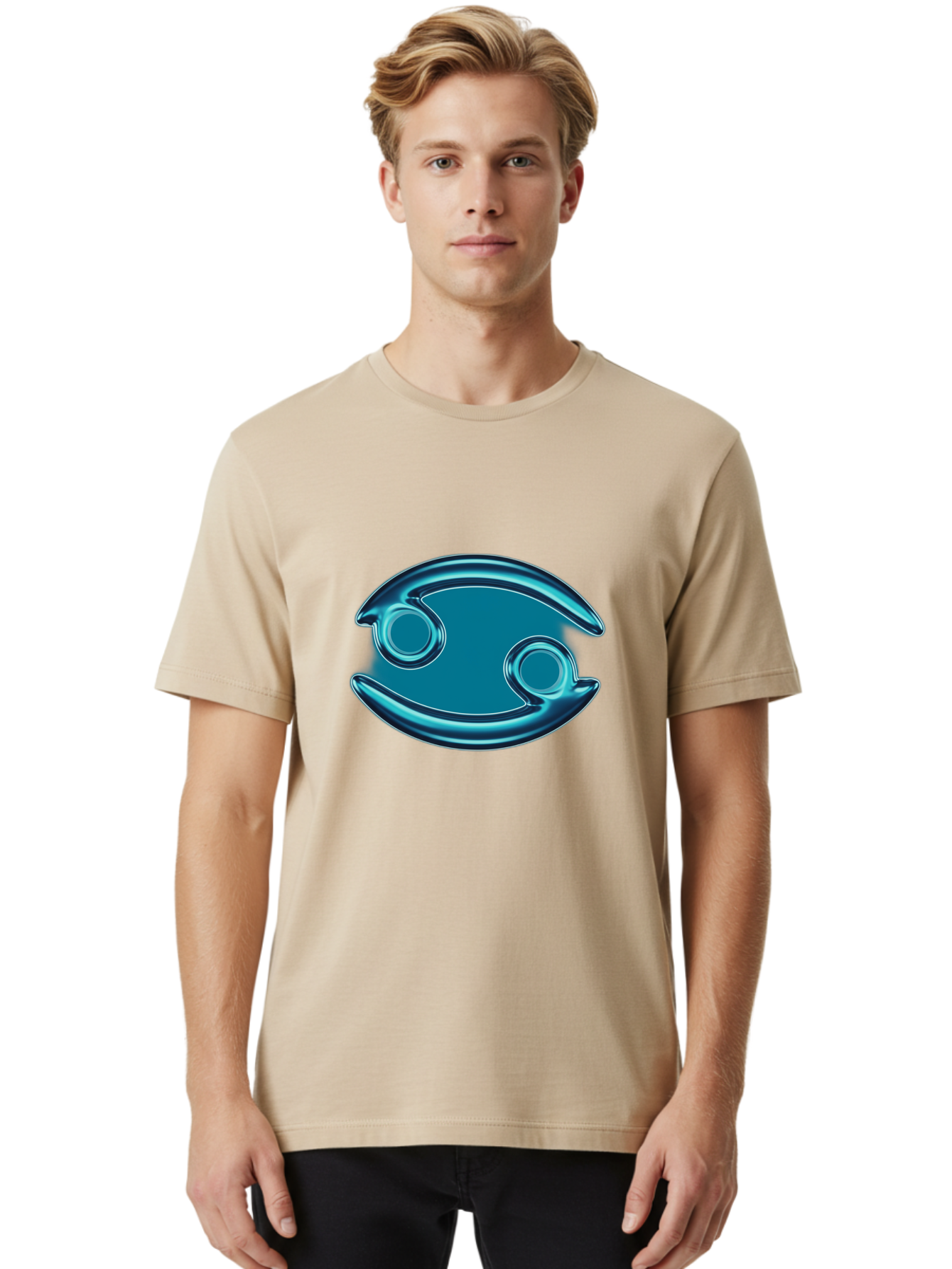 Blue-Pacman Men'S Graphic Tee, 100% Cotton, Comfortable Casual Summer Wear, Machine Washable, Blue Metallic Fish Logo, Stylized Fish Emblem, Abstract Fish Design, Chrome Effect, Modern Logo Style, Ocean Icon, Futuristic Symbol Bae138 29