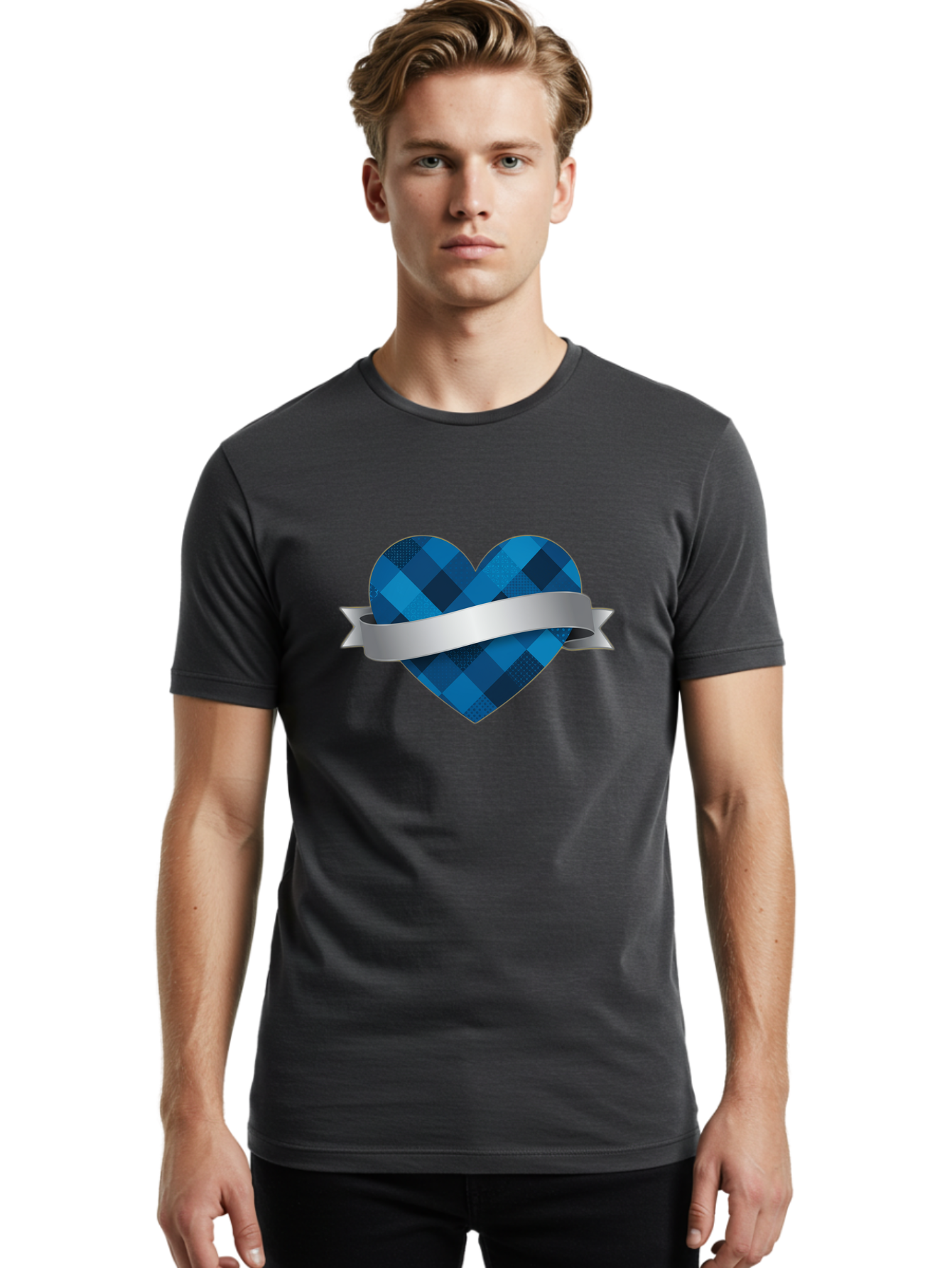 Blue-Plaid-Heart Men'S Graphic Tee, 100% Cotton, Comfortable Casual Summer Wear, Machine Washable, Blue Plaid Heart, Silver Ribbon, Love Symbol, Heart Shape, Textured Pattern, Checkered Design, Elegant Graphics, Symbolic Heart Bae139 17