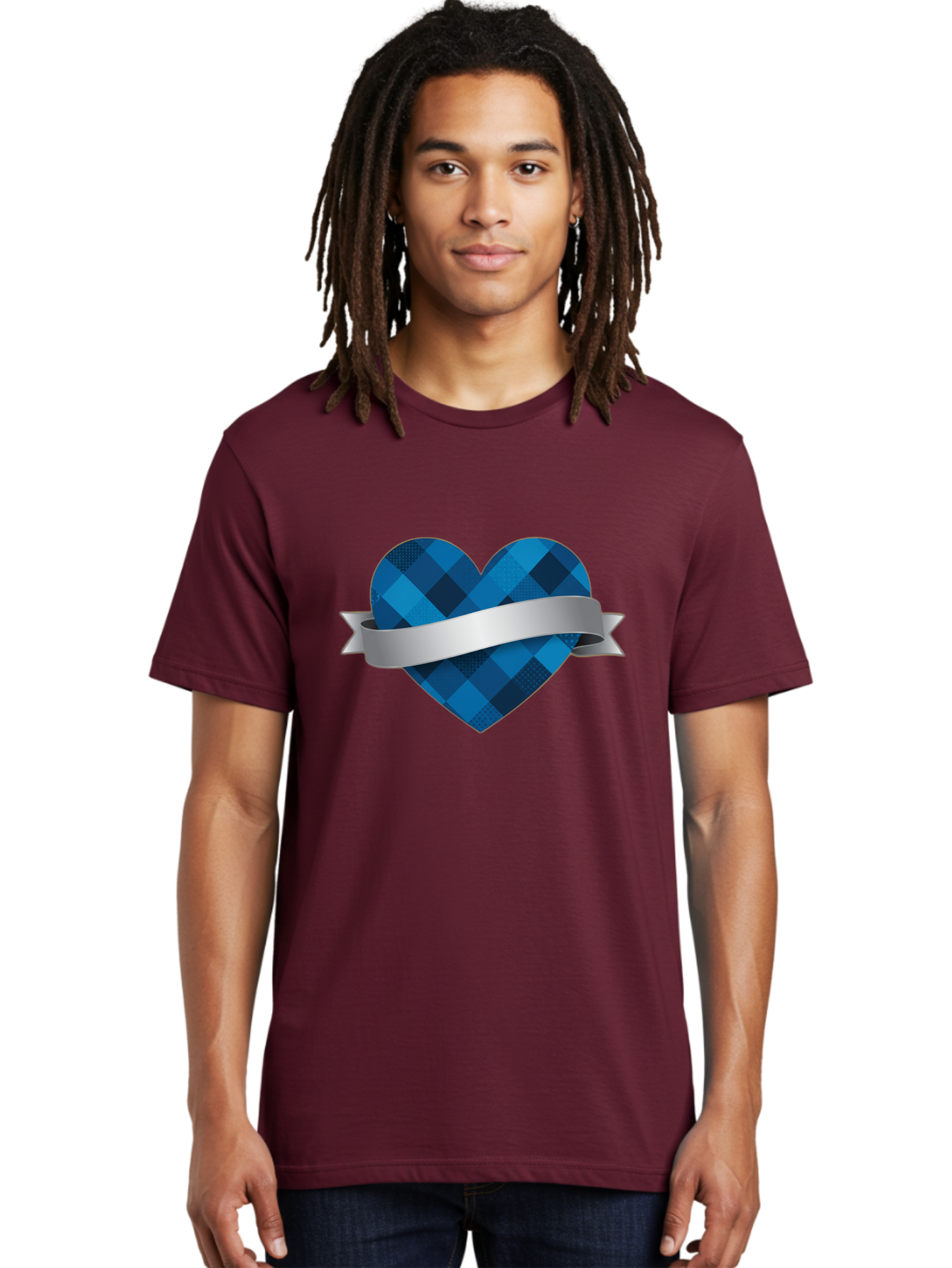 Blue-Plaid-Heart Men'S Graphic Tee, 100% Cotton, Comfortable Casual Summer Wear, Machine Washable, Blue Plaid Heart, Silver Ribbon, Love Symbol, Heart Shape, Textured Pattern, Checkered Design, Elegant Graphics, Symbolic Heart Bae139 19