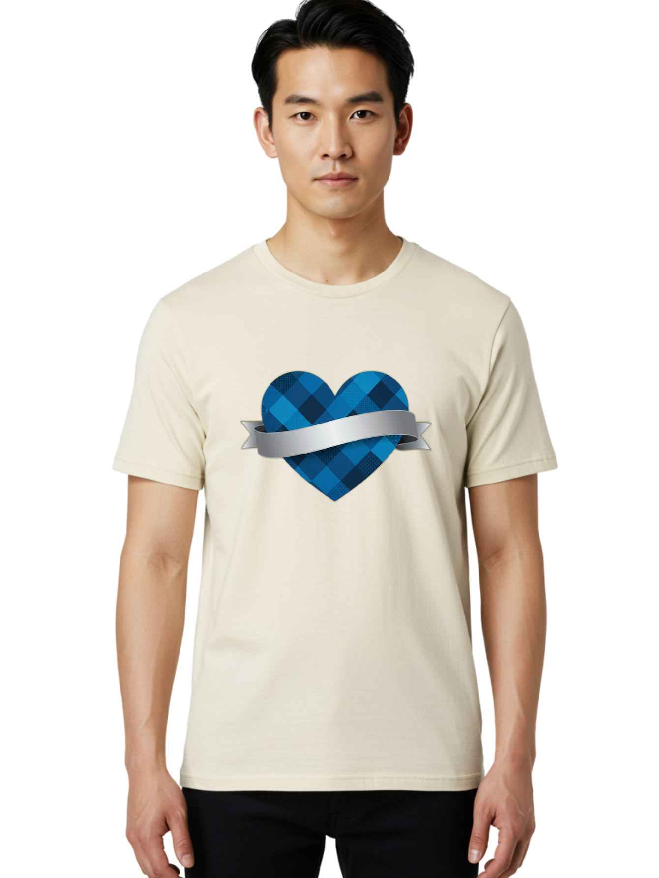 Blue-Plaid-Heart Men'S Graphic Tee, 100% Cotton, Comfortable Casual Summer Wear, Machine Washable, Blue Plaid Heart, Silver Ribbon, Love Symbol, Heart Shape, Textured Pattern, Checkered Design, Elegant Graphics, Symbolic Heart Bae139 22