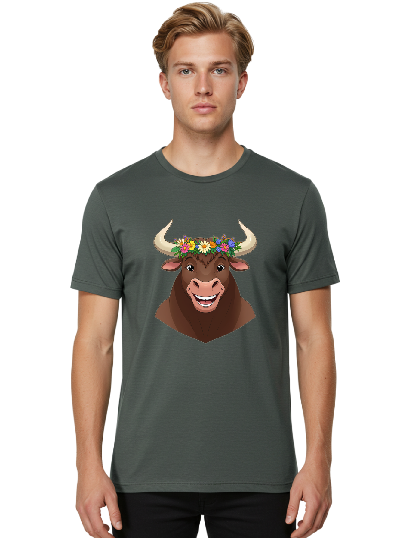 Bull-With-Flowers Men'S Graphic Tee, 100% Cotton, Comfortable Casual Summer Wear, Machine Washable, Cartoon Bull, Floral Crown, Colorful Flowers, Happy Bull, Smiling Face, Cheerful Mood, Vibrant Colors, Playful Character, Funny Illustration, Bae140 21