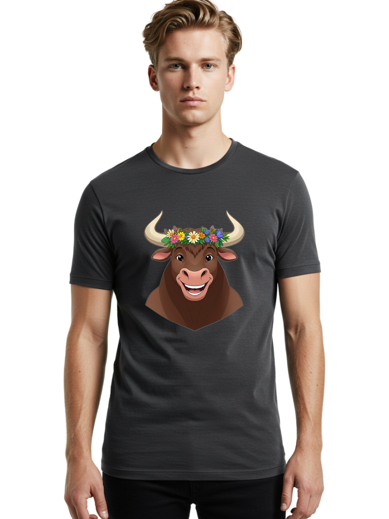 Bull-With-Flowers Men'S Graphic Tee, 100% Cotton, Comfortable Casual Summer Wear, Machine Washable, Cartoon Bull, Floral Crown, Colorful Flowers, Happy Bull, Smiling Face, Cheerful Mood, Vibrant Colors, Playful Character, Funny Illustration, Bae140 28