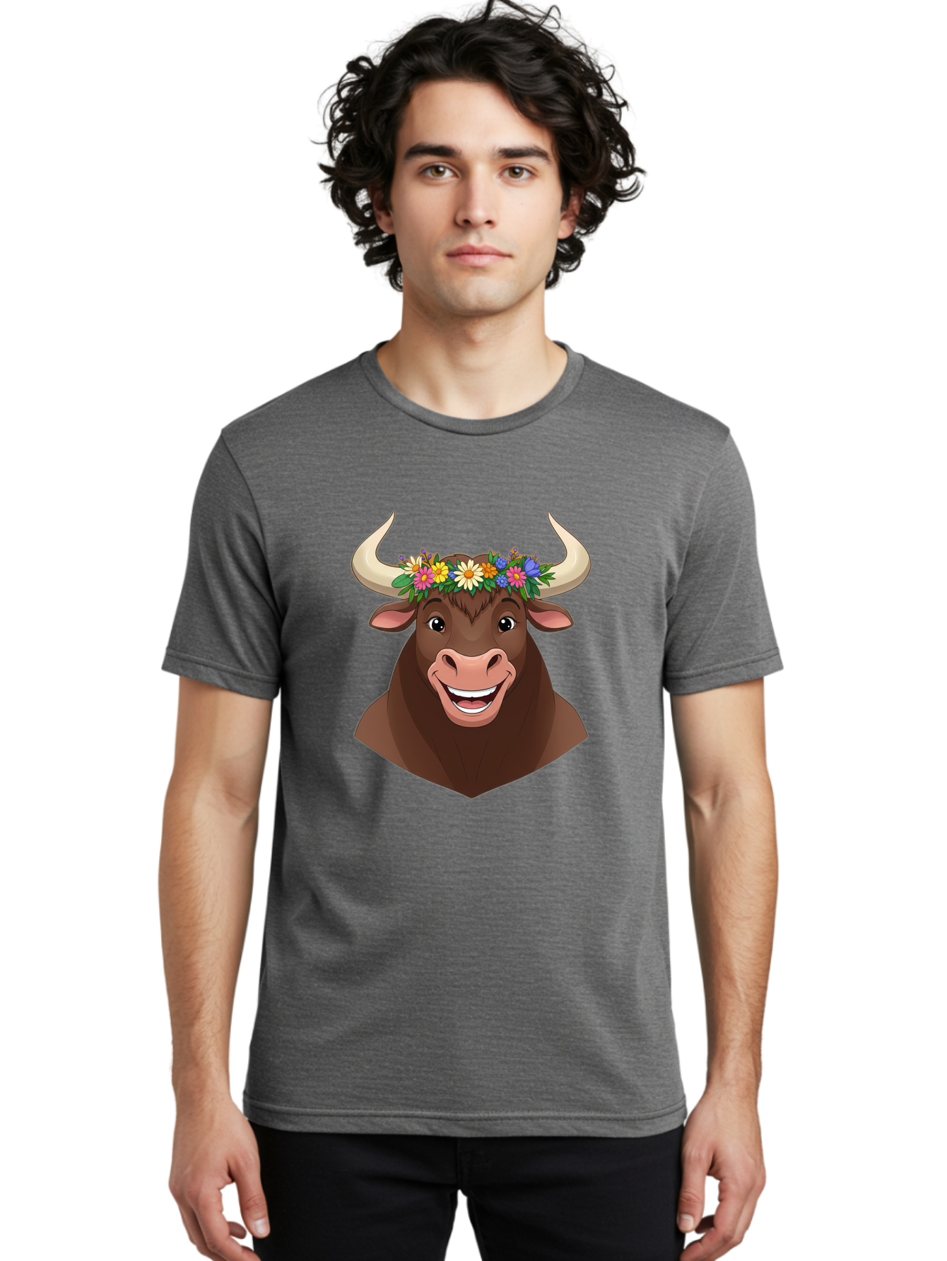 Bull-With-Flowers Men'S Graphic Tee, 100% Cotton, Comfortable Casual Summer Wear, Machine Washable, Cartoon Bull, Floral Crown, Colorful Flowers, Happy Bull, Smiling Face, Cheerful Mood, Vibrant Colors, Playful Character, Funny Illustration, Bae140 26