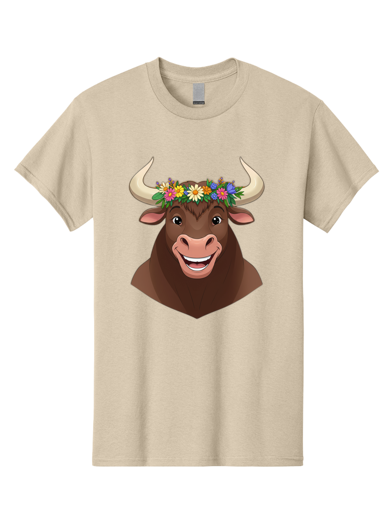 Bull-With-Flowers Men'S Graphic Tee, 100% Cotton, Comfortable Casual Summer Wear, Machine Washable, Cartoon Bull, Floral Crown, Colorful Flowers, Happy Bull, Smiling Face, Cheerful Mood, Vibrant Colors, Playful Character, Funny Illustration, Bae140 14