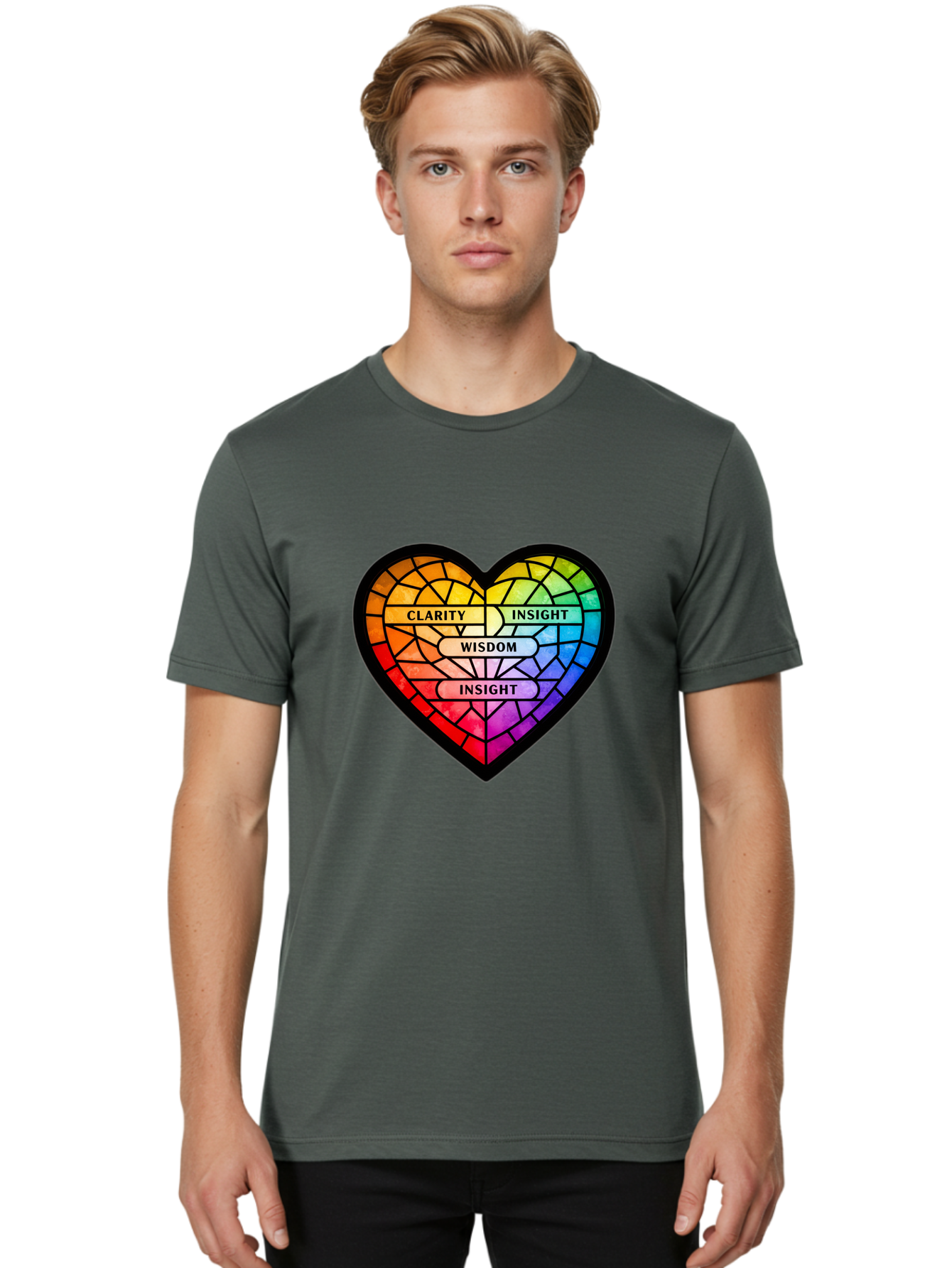 Clarity-Insight-Wisdom Men'S Graphic Tee, 100% Cotton, Comfortable Casual Summer Wear, Machine Washable, Stained Glass Heart, Rainbow Colors, Clarity, Insight, Wisdom, Inspirational Art, Colorful Design, Motivational Quotes, Vibrant Heart Bae150 21