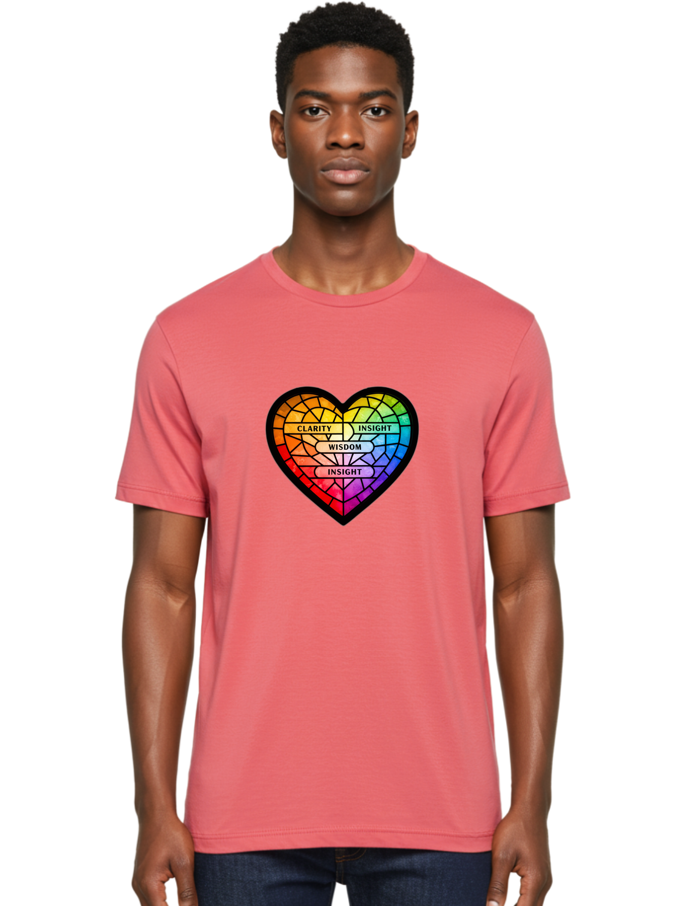 Clarity-Insight-Wisdom Men'S Graphic Tee, 100% Cotton, Comfortable Casual Summer Wear, Machine Washable, Stained Glass Heart, Rainbow Colors, Clarity, Insight, Wisdom, Inspirational Art, Colorful Design, Motivational Quotes, Vibrant Heart Bae150 25