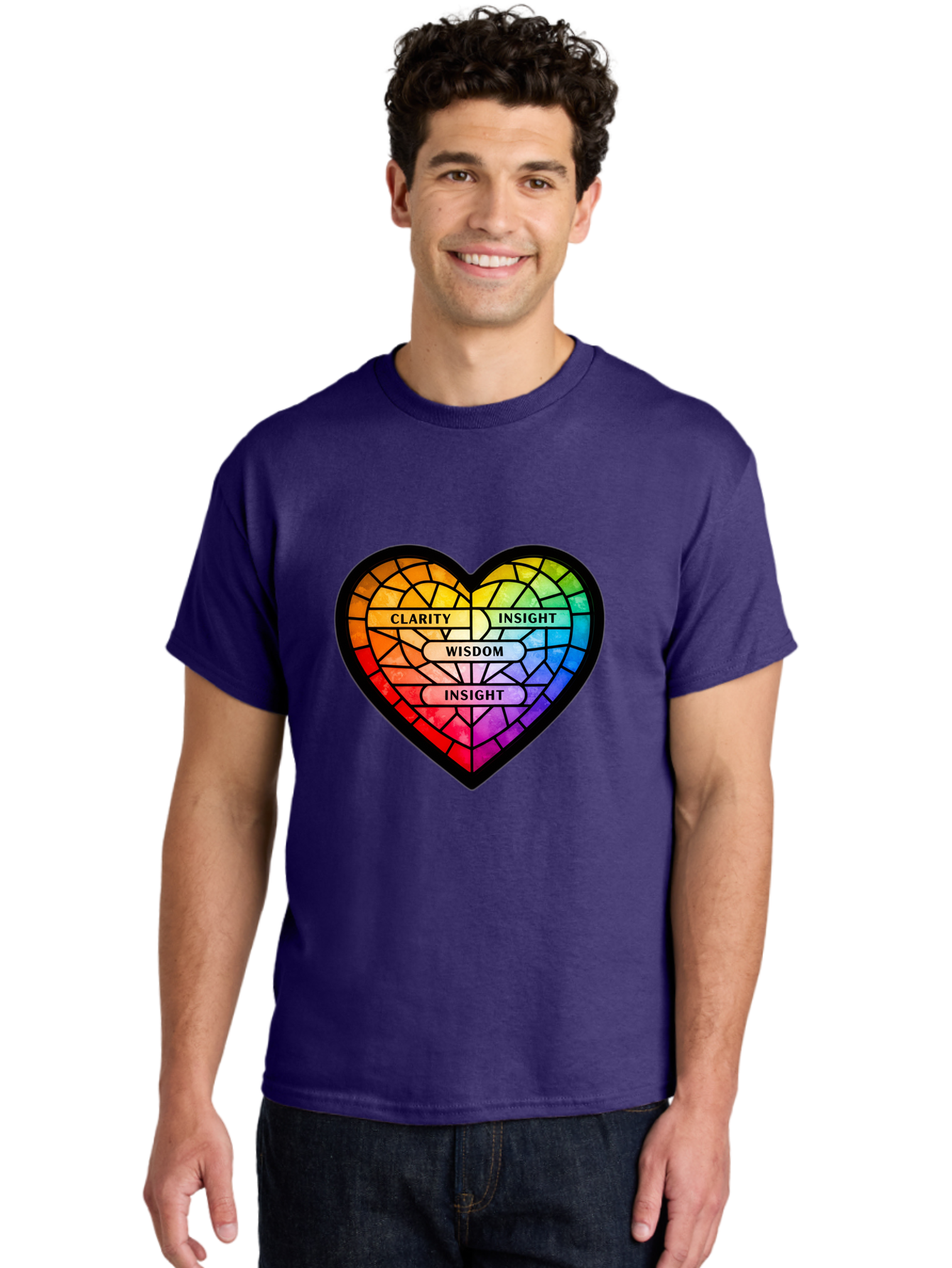 Clarity-Insight-Wisdom Men'S Graphic Tee, 100% Cotton, Comfortable Casual Summer Wear, Machine Washable, Stained Glass Heart, Rainbow Colors, Clarity, Insight, Wisdom, Inspirational Art, Colorful Design, Motivational Quotes, Vibrant Heart Bae150 17