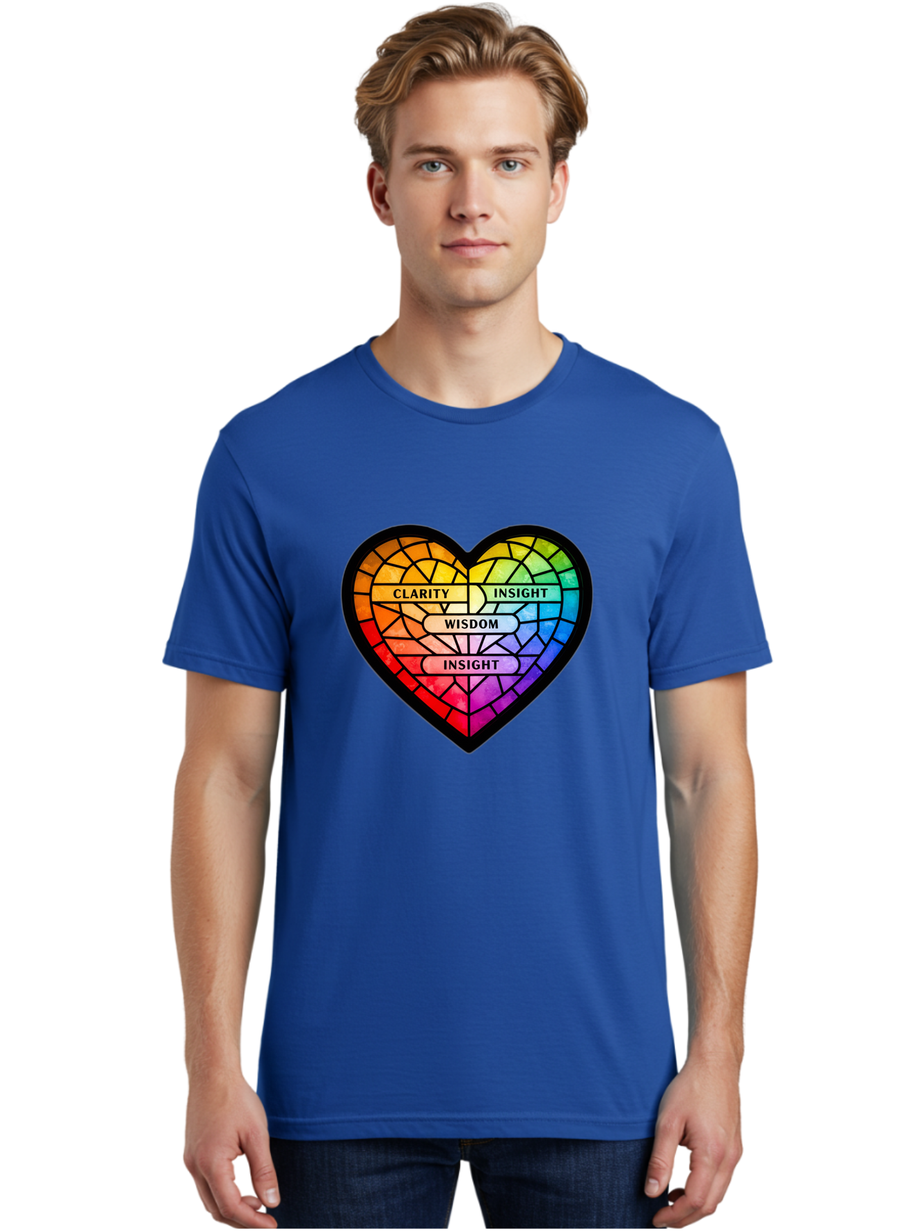 Clarity-Insight-Wisdom Men'S Graphic Tee, 100% Cotton, Comfortable Casual Summer Wear, Machine Washable, Stained Glass Heart, Rainbow Colors, Clarity, Insight, Wisdom, Inspirational Art, Colorful Design, Motivational Quotes, Vibrant Heart Bae150 28
