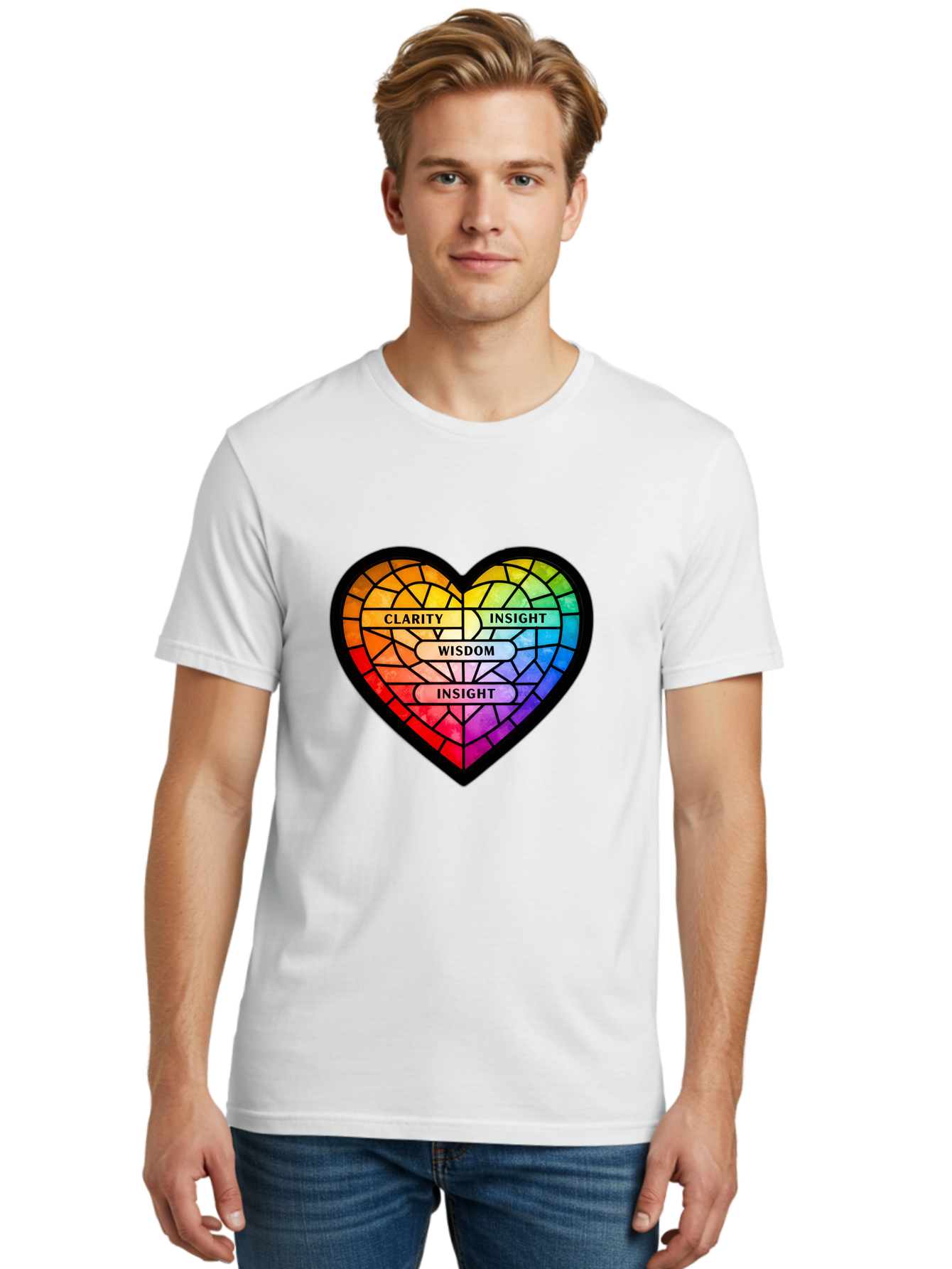 Clarity-Insight-Wisdom Men'S Graphic Tee, 100% Cotton, Comfortable Casual Summer Wear, Machine Washable, Stained Glass Heart, Rainbow Colors, Clarity, Insight, Wisdom, Inspirational Art, Colorful Design, Motivational Quotes, Vibrant Heart Bae150 27