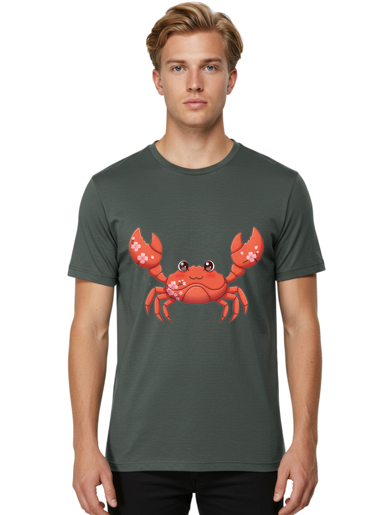 Crab-With-Cherry-Blossoms Men'S Graphic Tee, 100% Cotton, Comfortable Casual Summer Wear, Machine Washable, Cartoon Crab, Cherry Blossoms, Pink Flowers, Cute Crustacean, Anime Style, Kawaii Art, Red Crab, Floral Decorations, Ocean Creature Bae163 17