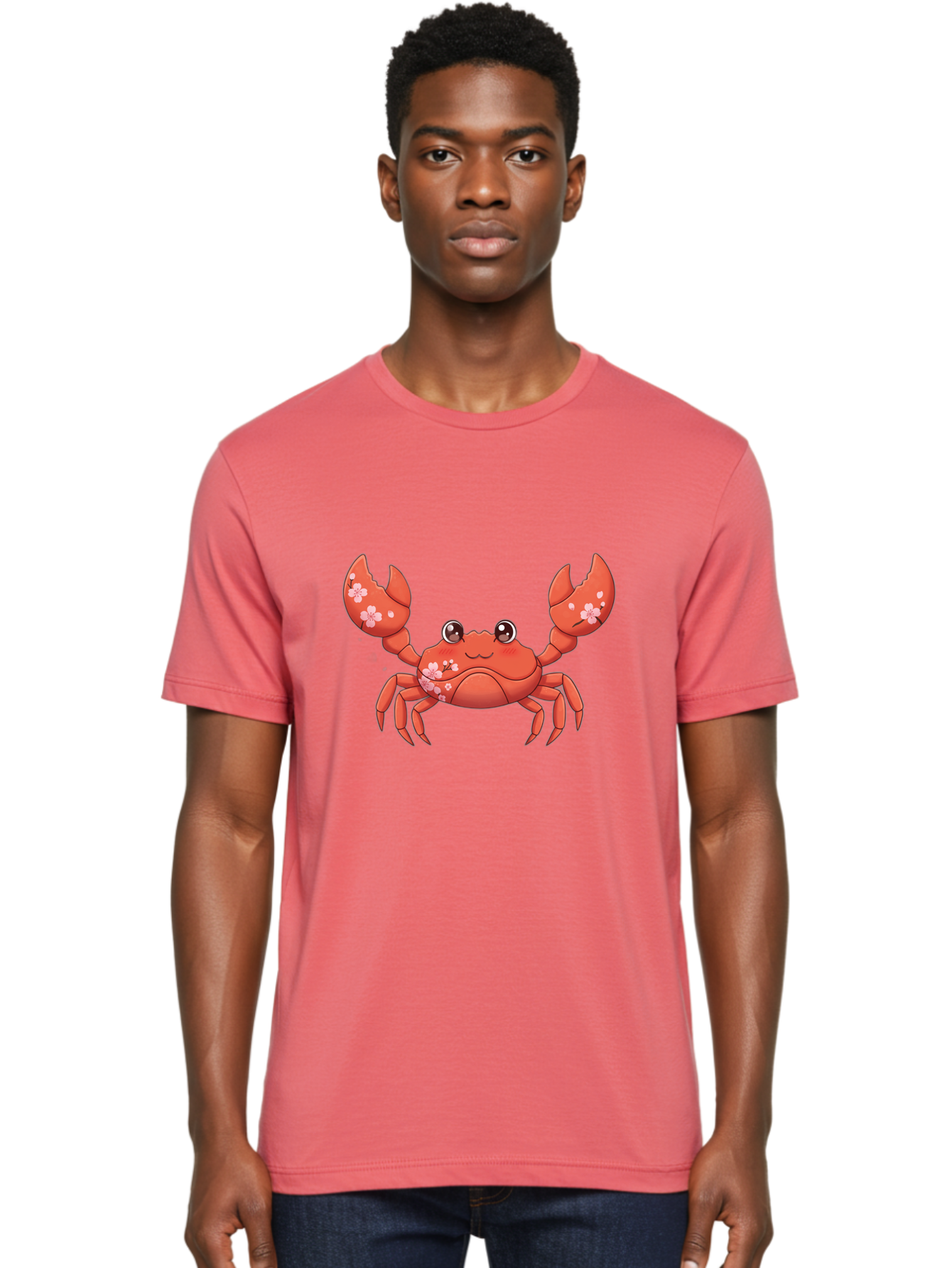 Crab-With-Cherry-Blossoms Men'S Graphic Tee, 100% Cotton, Comfortable Casual Summer Wear, Machine Washable, Cartoon Crab, Cherry Blossoms, Pink Flowers, Cute Crustacean, Anime Style, Kawaii Art, Red Crab, Floral Decorations, Ocean Creature Bae163 19
