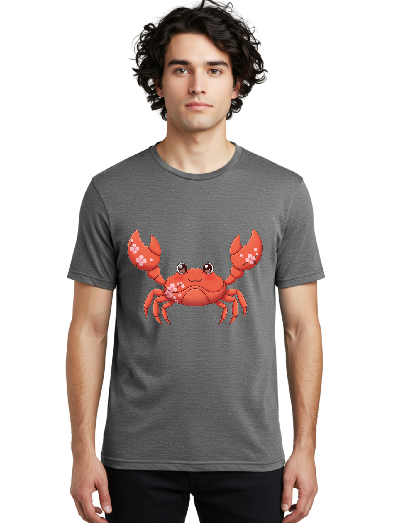 Crab-With-Cherry-Blossoms Men'S Graphic Tee, 100% Cotton, Comfortable Casual Summer Wear, Machine Washable, Cartoon Crab, Cherry Blossoms, Pink Flowers, Cute Crustacean, Anime Style, Kawaii Art, Red Crab, Floral Decorations, Ocean Creature Bae163 20