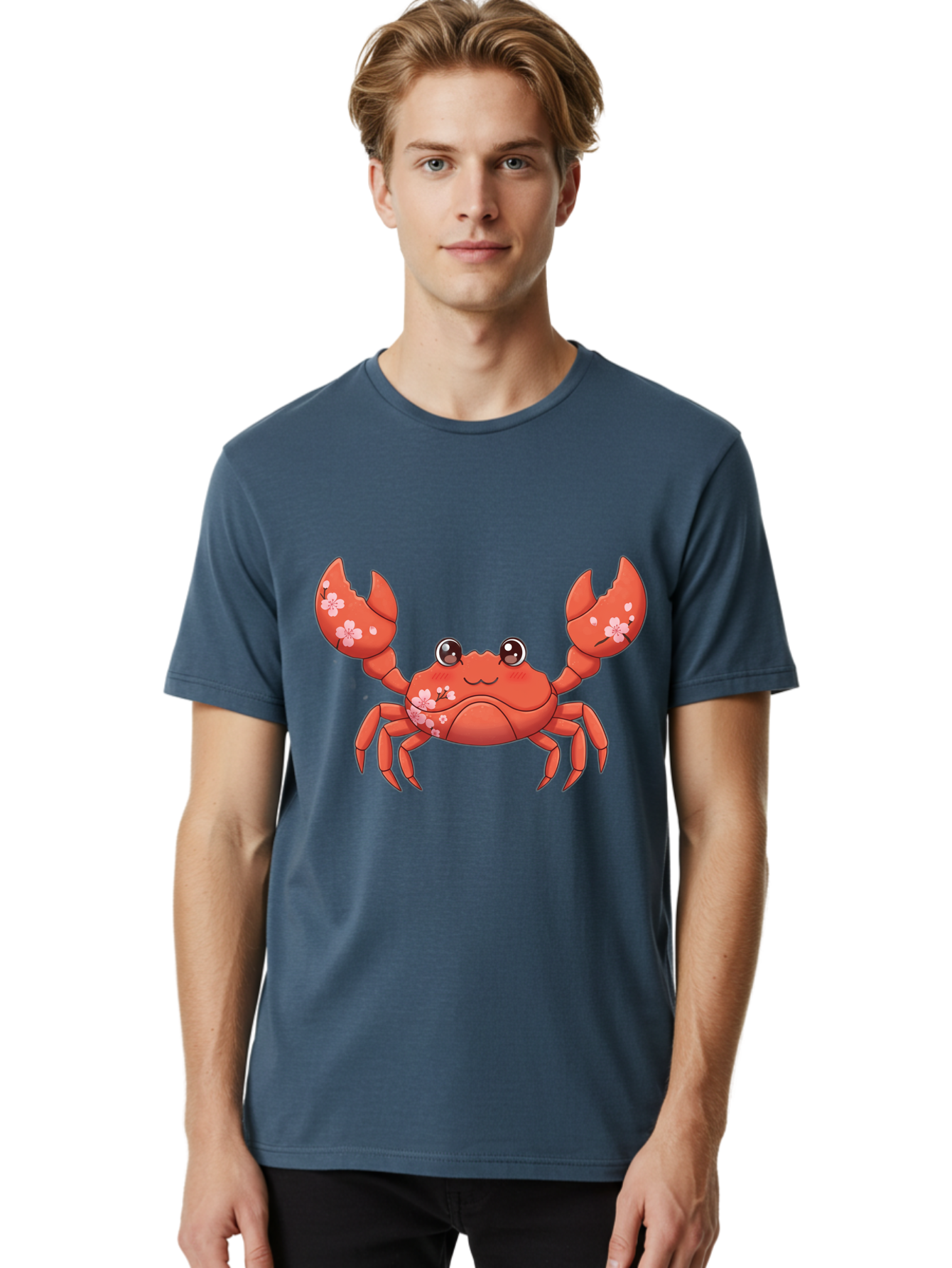 Crab-With-Cherry-Blossoms Men'S Graphic Tee, 100% Cotton, Comfortable Casual Summer Wear, Machine Washable, Cartoon Crab, Cherry Blossoms, Pink Flowers, Cute Crustacean, Anime Style, Kawaii Art, Red Crab, Floral Decorations, Ocean Creature Bae163 22