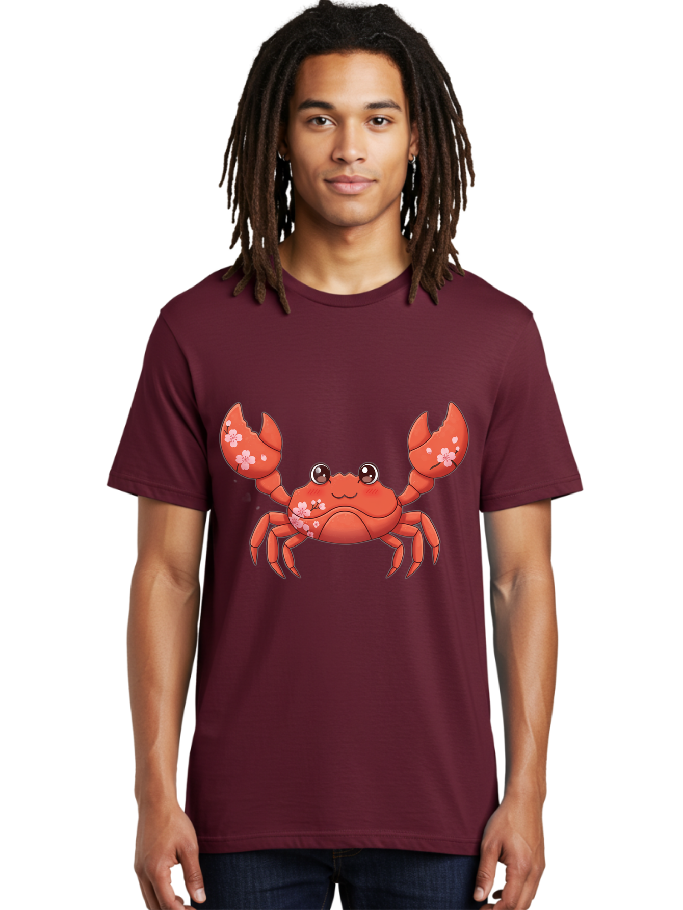 Crab-With-Cherry-Blossoms Men'S Graphic Tee, 100% Cotton, Comfortable Casual Summer Wear, Machine Washable, Cartoon Crab, Cherry Blossoms, Pink Flowers, Cute Crustacean, Anime Style, Kawaii Art, Red Crab, Floral Decorations, Ocean Creature Bae163 29