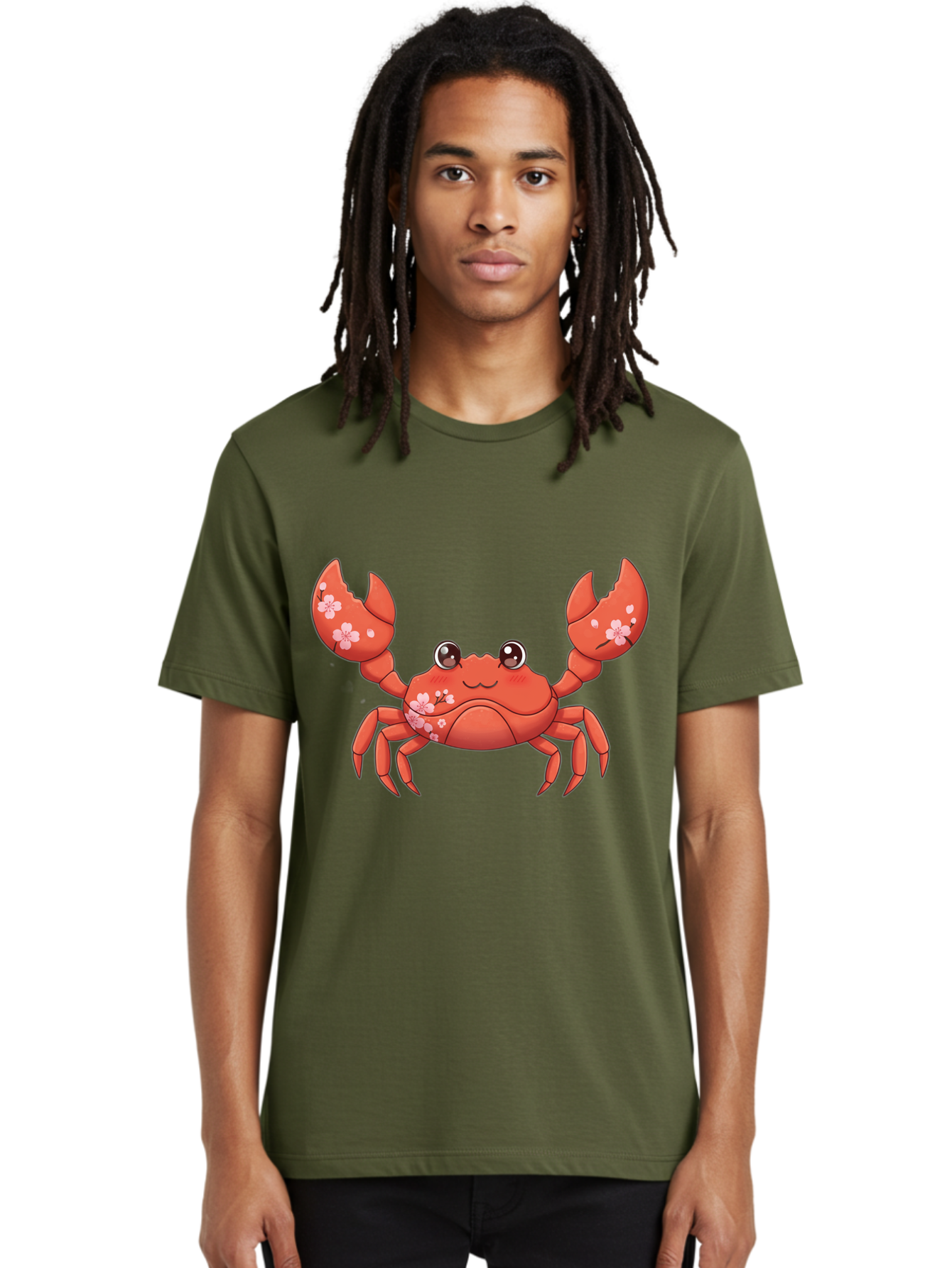 Crab-With-Cherry-Blossoms Men'S Graphic Tee, 100% Cotton, Comfortable Casual Summer Wear, Machine Washable, Cartoon Crab, Cherry Blossoms, Pink Flowers, Cute Crustacean, Anime Style, Kawaii Art, Red Crab, Floral Decorations, Ocean Creature Bae163 28