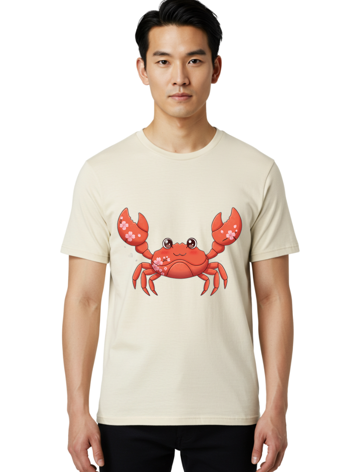 Crab-With-Cherry-Blossoms Men'S Graphic Tee, 100% Cotton, Comfortable Casual Summer Wear, Machine Washable, Cartoon Crab, Cherry Blossoms, Pink Flowers, Cute Crustacean, Anime Style, Kawaii Art, Red Crab, Floral Decorations, Ocean Creature Bae163 27