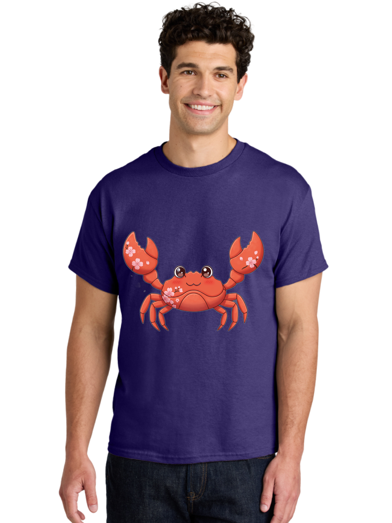 Crab-With-Cherry-Blossoms Men'S Graphic Tee, 100% Cotton, Comfortable Casual Summer Wear, Machine Washable, Cartoon Crab, Cherry Blossoms, Pink Flowers, Cute Crustacean, Anime Style, Kawaii Art, Red Crab, Floral Decorations, Ocean Creature Bae163 25