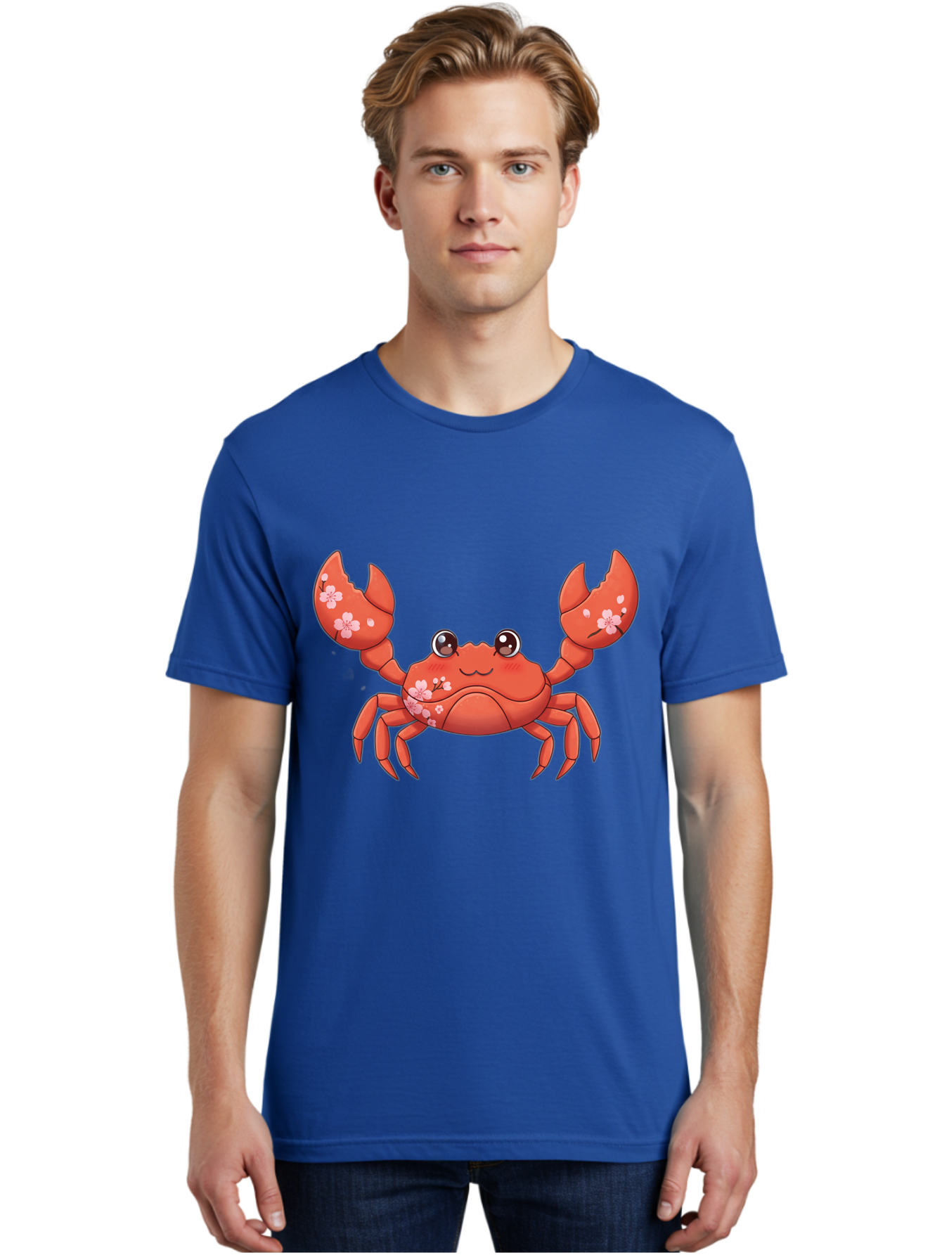 Crab-With-Cherry-Blossoms Men'S Graphic Tee, 100% Cotton, Comfortable Casual Summer Wear, Machine Washable, Cartoon Crab, Cherry Blossoms, Pink Flowers, Cute Crustacean, Anime Style, Kawaii Art, Red Crab, Floral Decorations, Ocean Creature Bae163 16