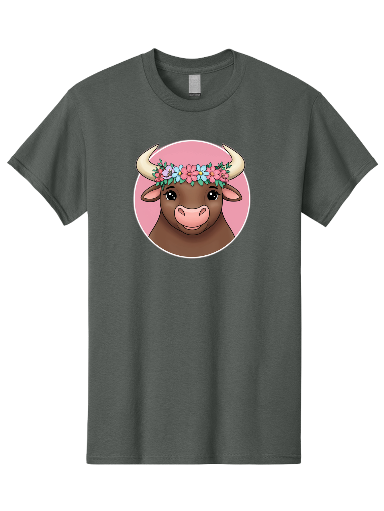 Cute-Bull-With-Flowers Men'S Graphic Tee, 100% Cotton, Comfortable Casual Summer Wear, Machine Washable, Cartoon Bull, Floral Wreath, Cute Animal, Pastel Colors, Adorable Illustration, Charming Design, Whimsical Art, Lovely Cow, Bae169 12