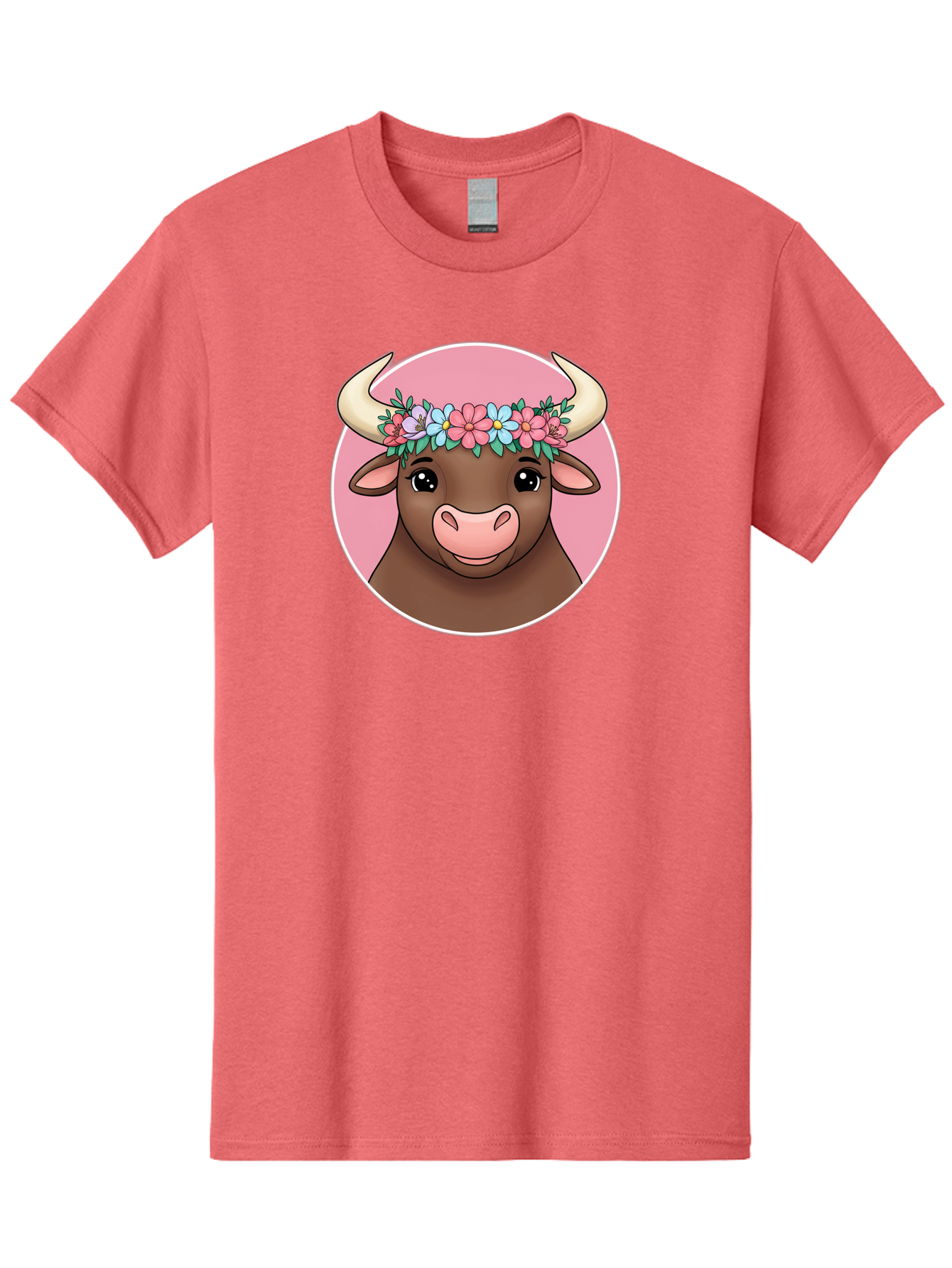 Cute-Bull-With-Flowers Men'S Graphic Tee, 100% Cotton, Comfortable Casual Summer Wear, Machine Washable, Cartoon Bull, Floral Wreath, Cute Animal, Pastel Colors, Adorable Illustration, Charming Design, Whimsical Art, Lovely Cow, Bae169 11