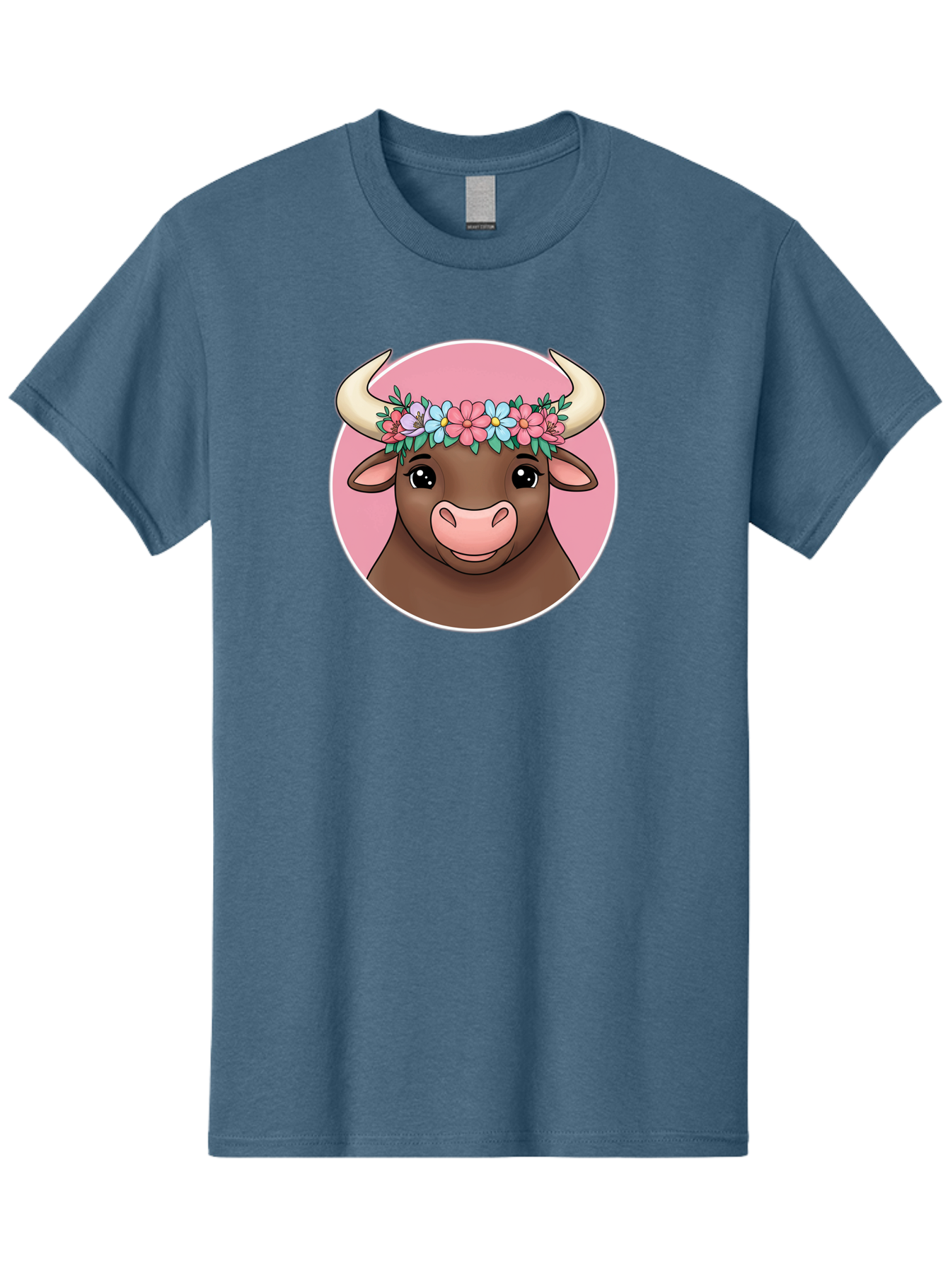 Cute-Bull-With-Flowers Men'S Graphic Tee, 100% Cotton, Comfortable Casual Summer Wear, Machine Washable, Cartoon Bull, Floral Wreath, Cute Animal, Pastel Colors, Adorable Illustration, Charming Design, Whimsical Art, Lovely Cow, Bae169 5